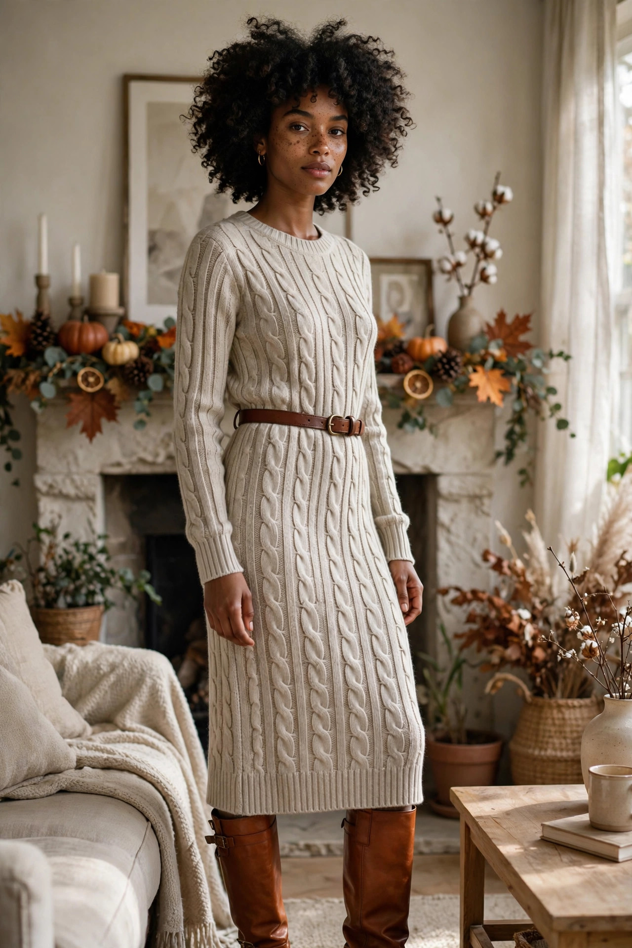 Young woman in a ribbed sweater dress with tall boots in a living room with fall garland