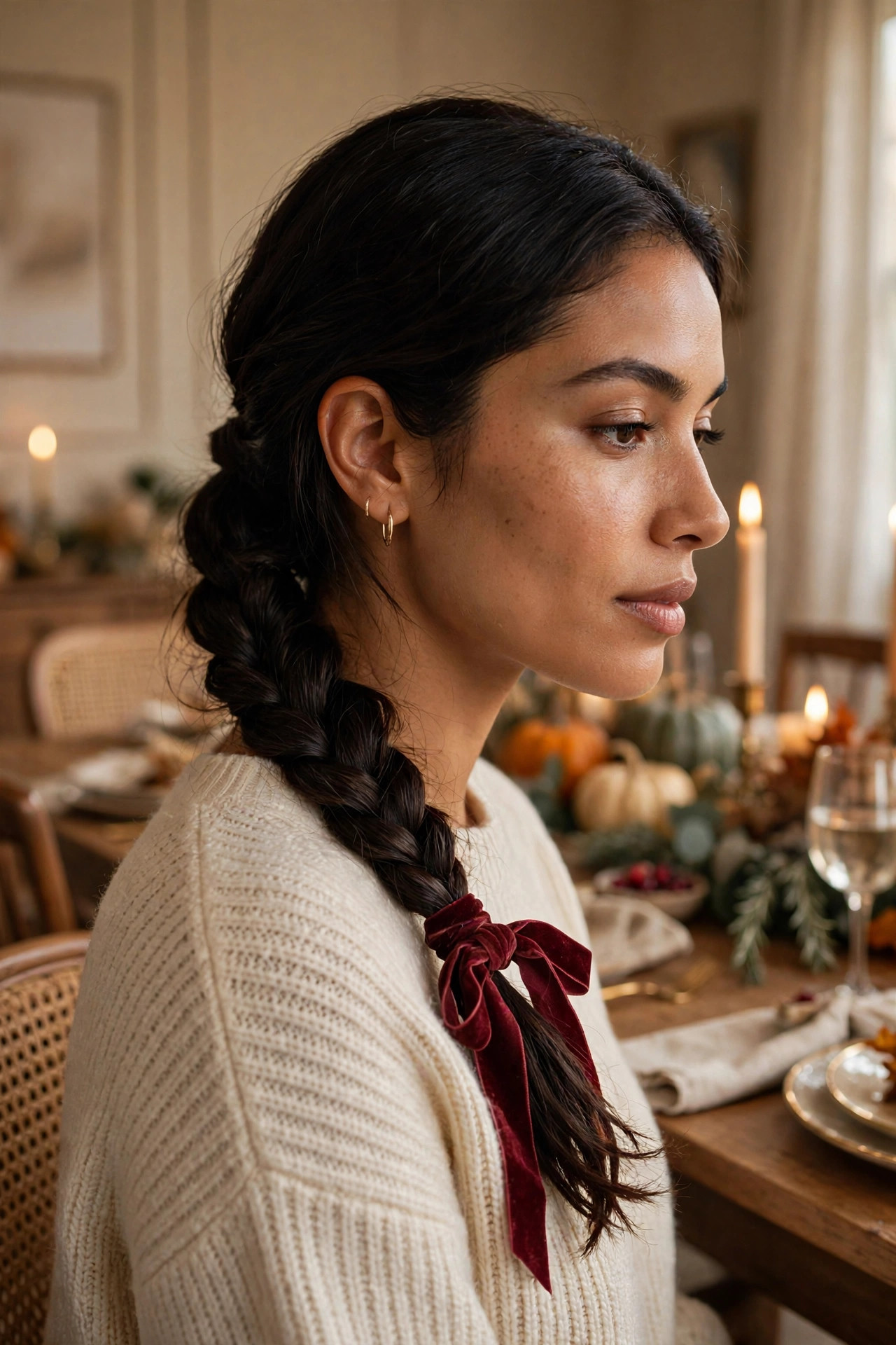 Young woman with a low braided ponytail tied with a burgundy ribbon in a dining room