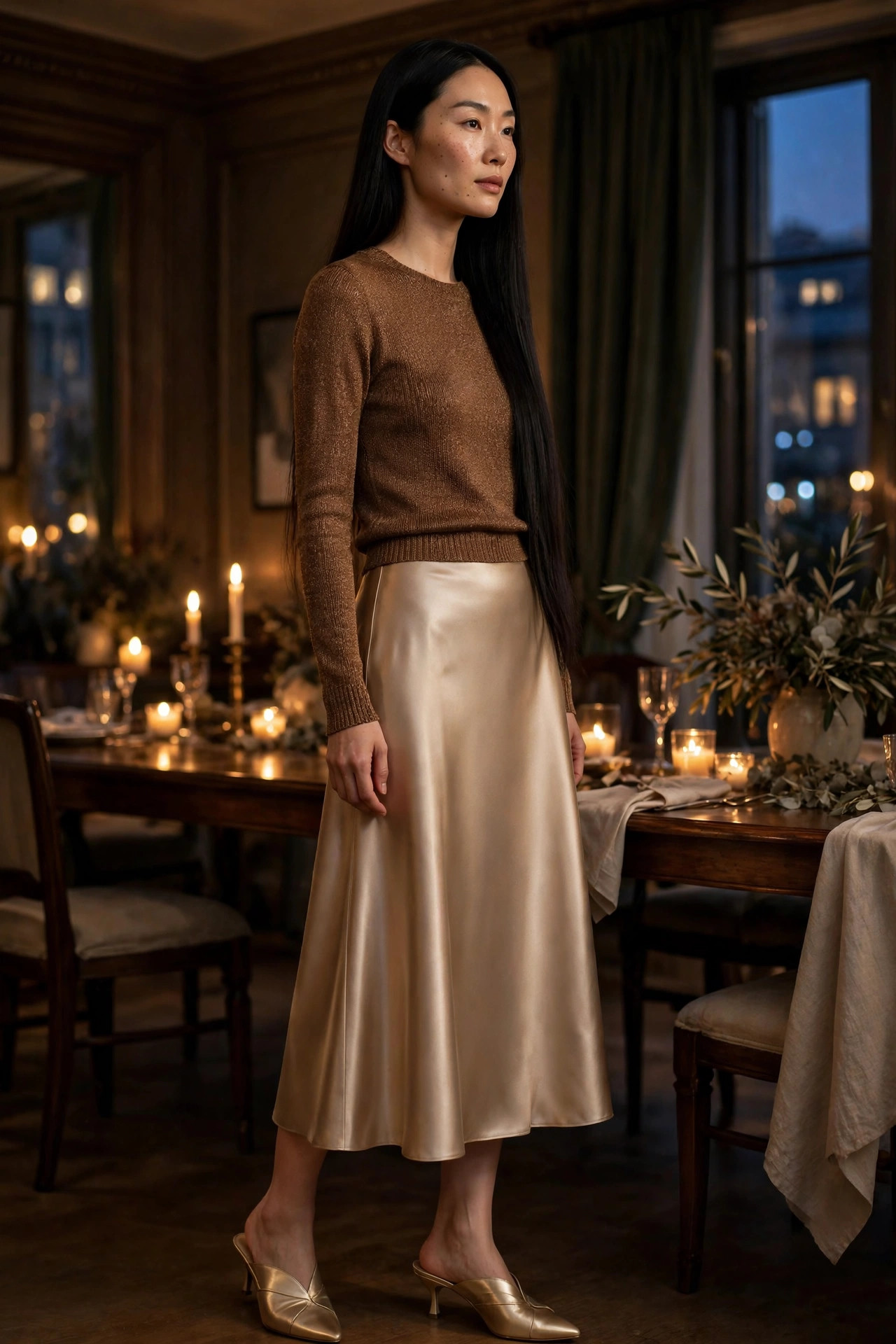 Woman in a satin midi skirt with a fitted knit top at a dressy dinner