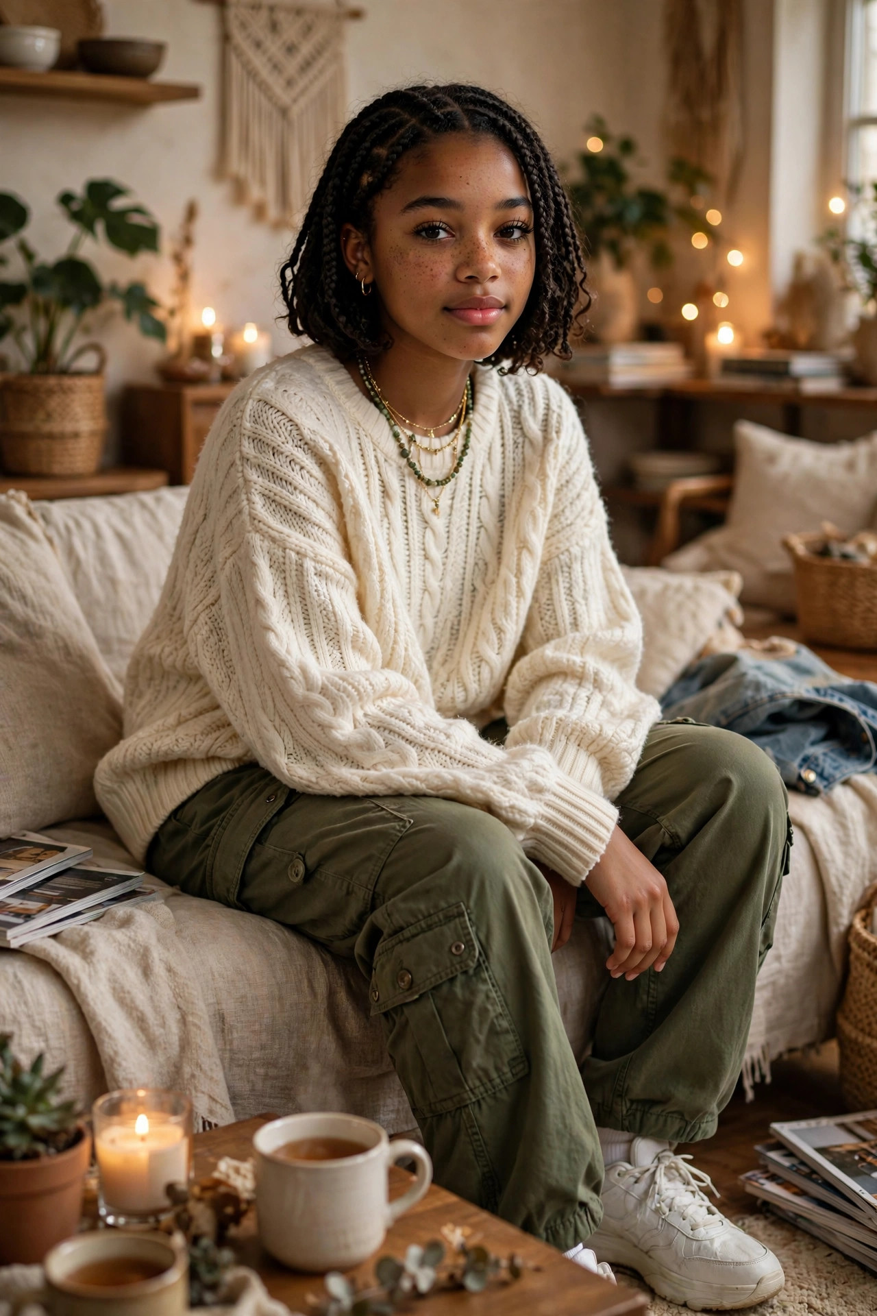 Teen girl in an oversized sweater with cargo pants at an apartment gathering