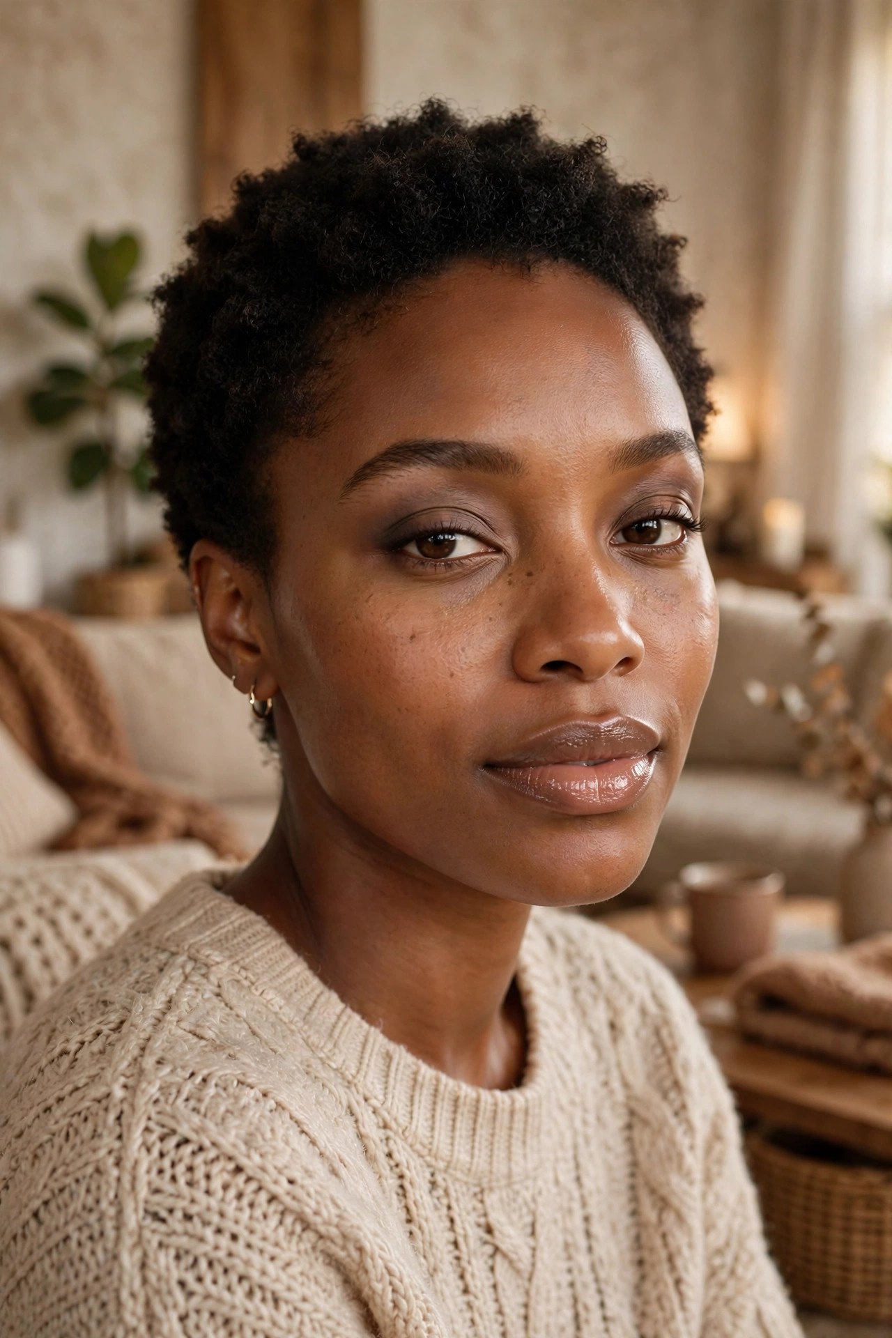 Black woman with short natural hair wearing warm taupe eyeshadow and a glossy nude lip