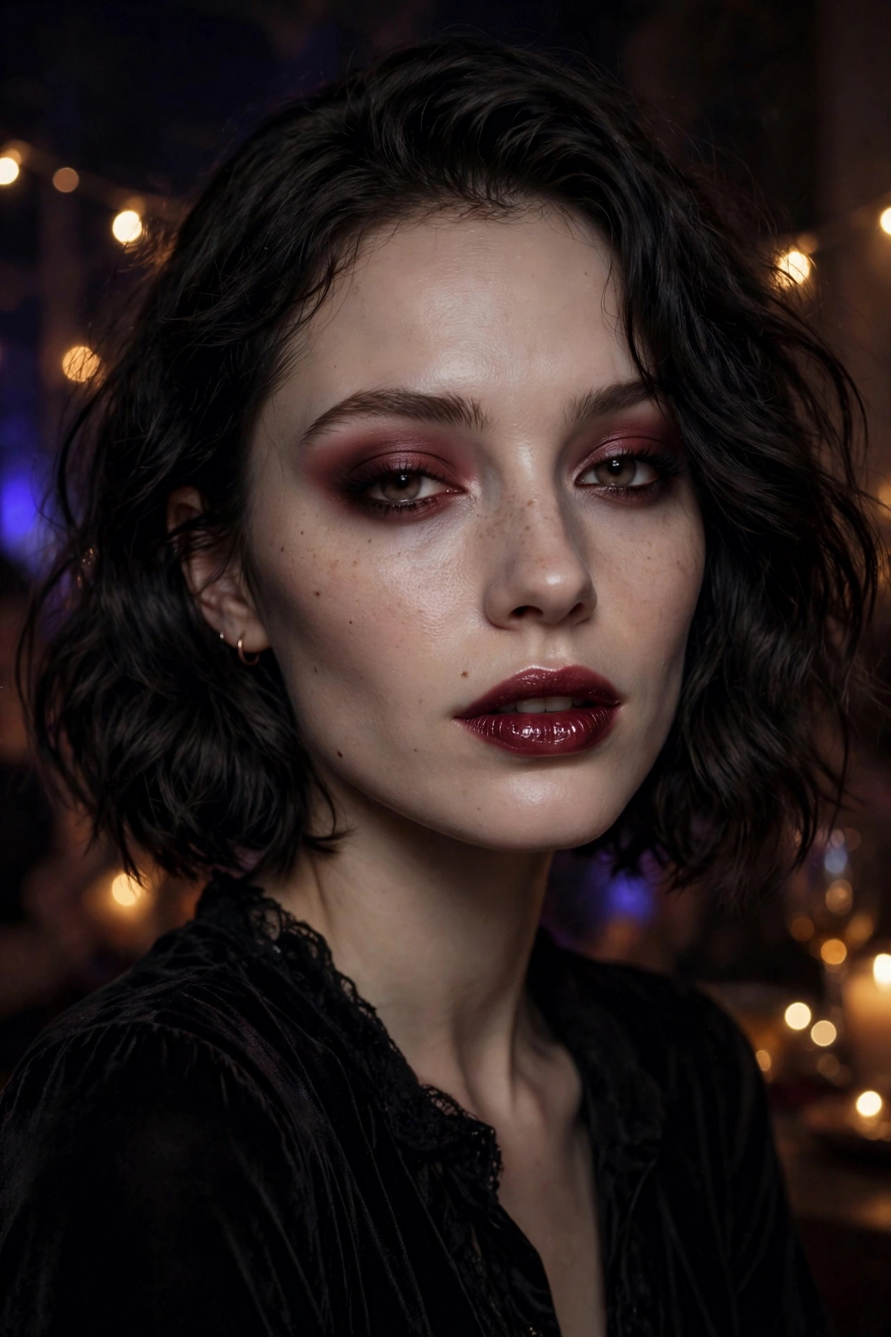 Woman with soft glam vampire Halloween makeup, burgundy eyeshadow and deep berry bitten lips