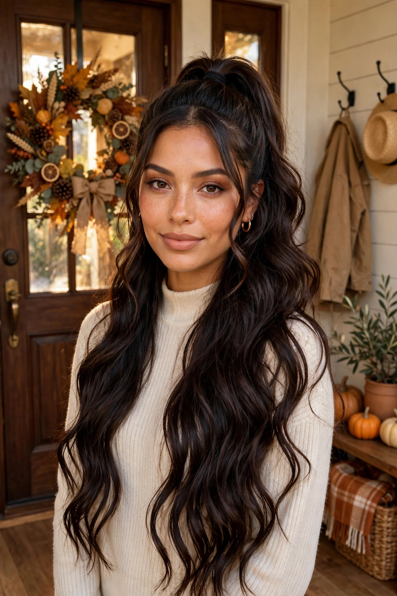 Young Latina woman with long dark hair in a high half-up ponytail with romantic waves standing by a wreath