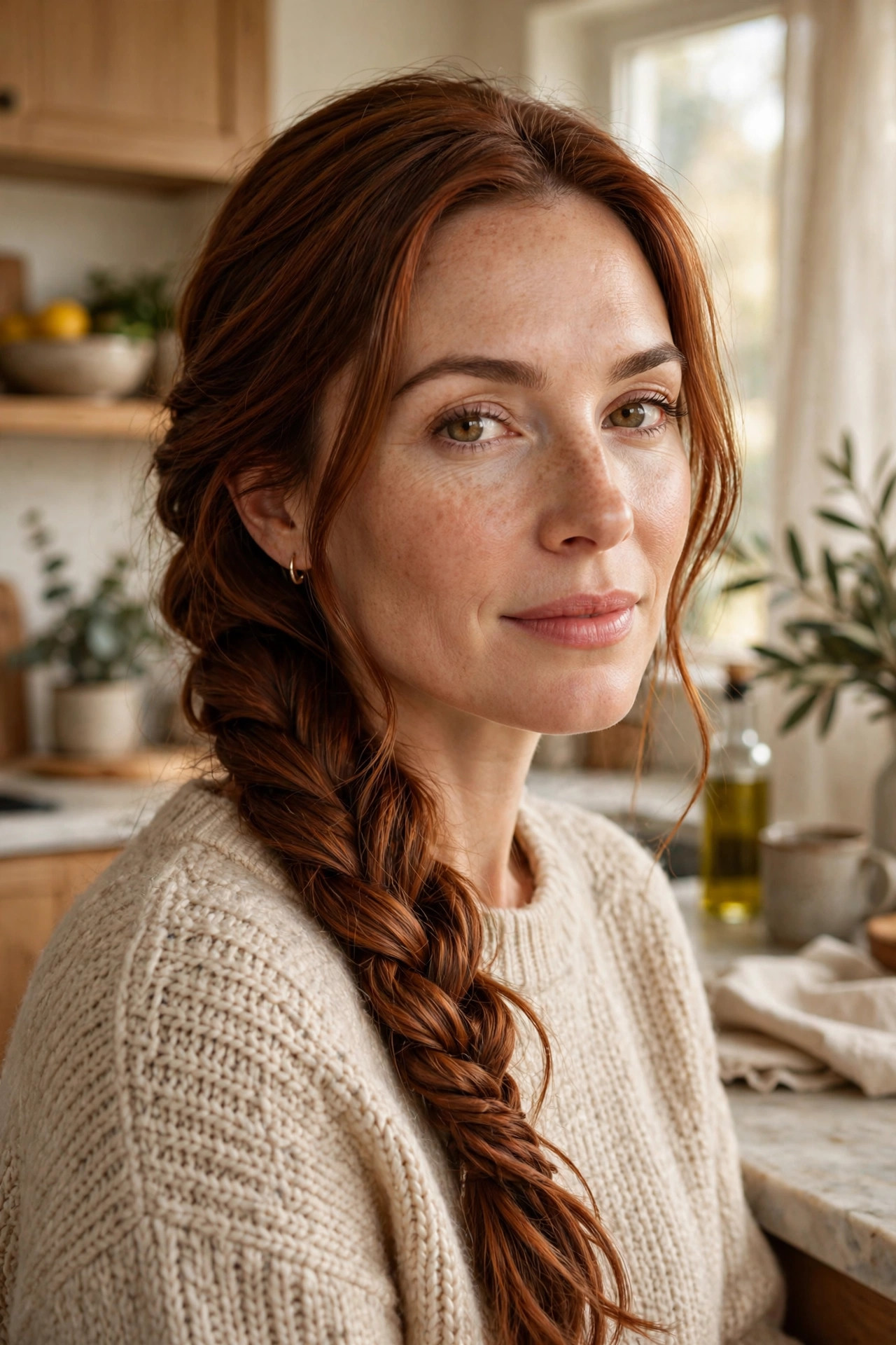 Woman in her mid 30s with long auburn hair in a rope braid swept over one shoulder in a kitchen