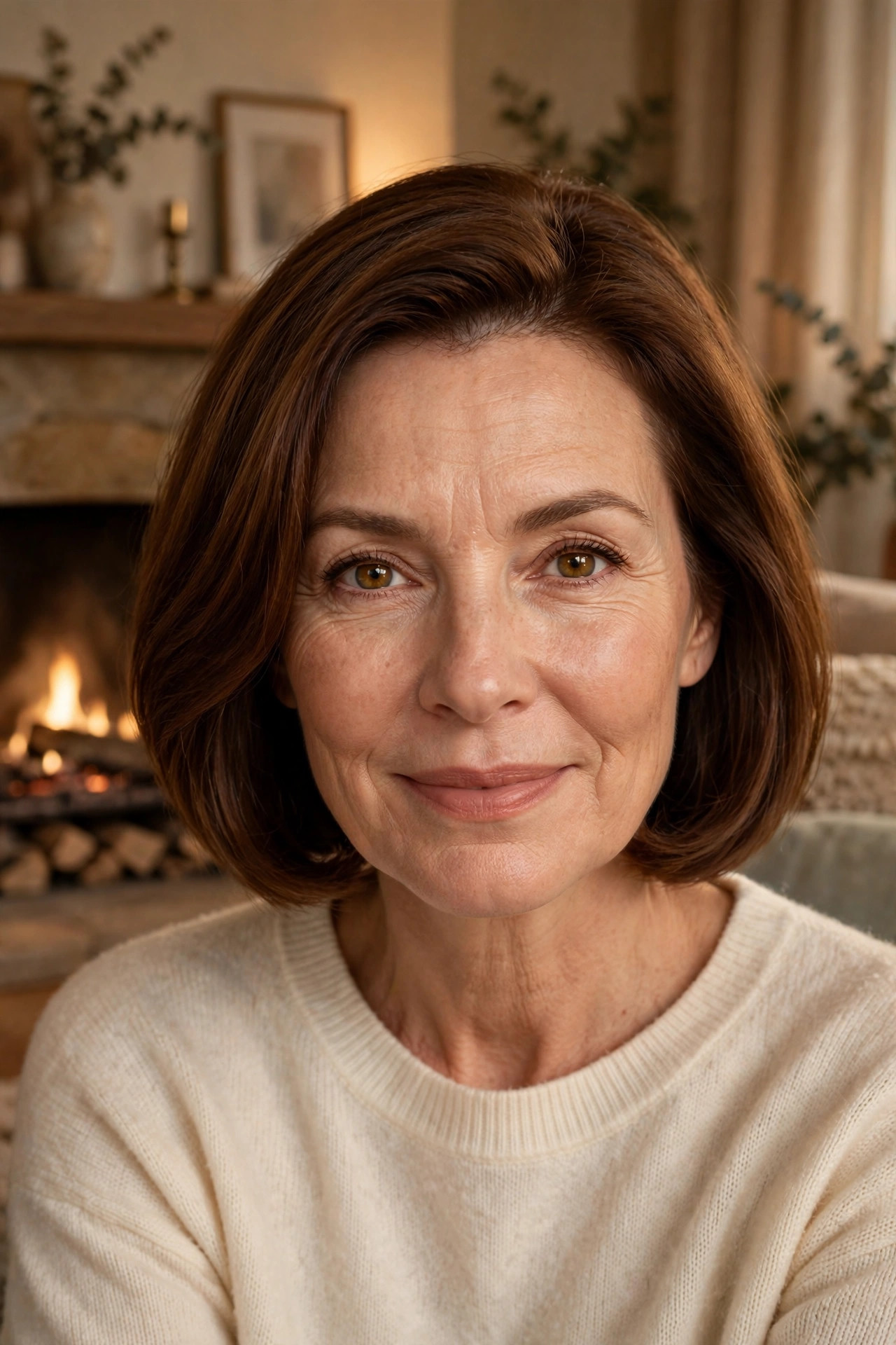 Woman in her mid 50s with a chestnut chin-length bob styled with a soft under-curl in a living room with fireplace