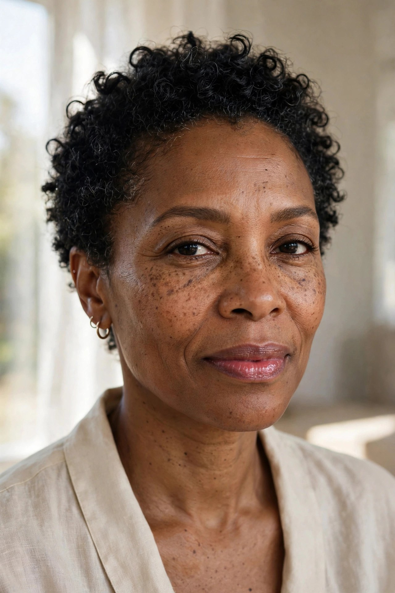 Black woman in her late 40s with a sheer berry lip stain and natural eye makeup by a window