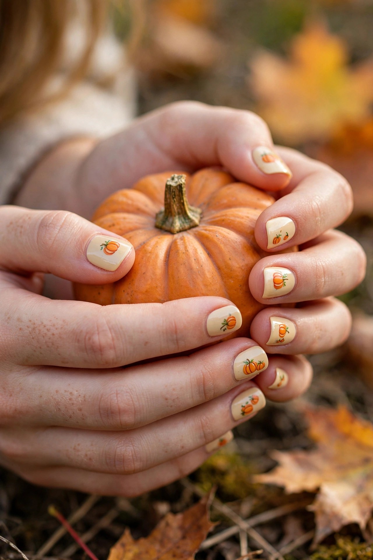 Teen hands with fair skin and short square nails painted with tiny pumpkin designs