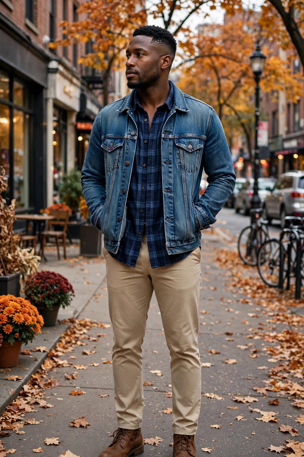 Black man in his early 30s wearing a navy flannel shirt under a denim jacket on a city street
