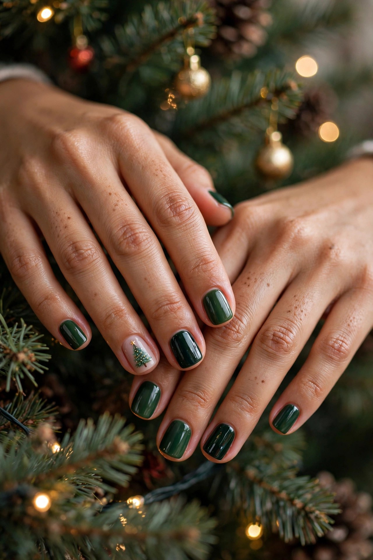 Hands with medium skin and short square nails with a tiny Christmas tree accent nail