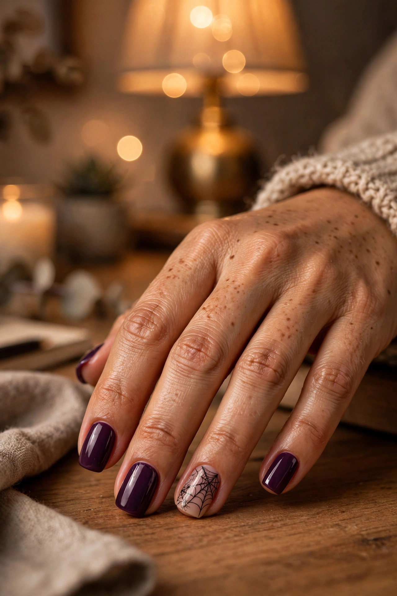 Squoval nails with spiderweb accent nail art on deep plum polish