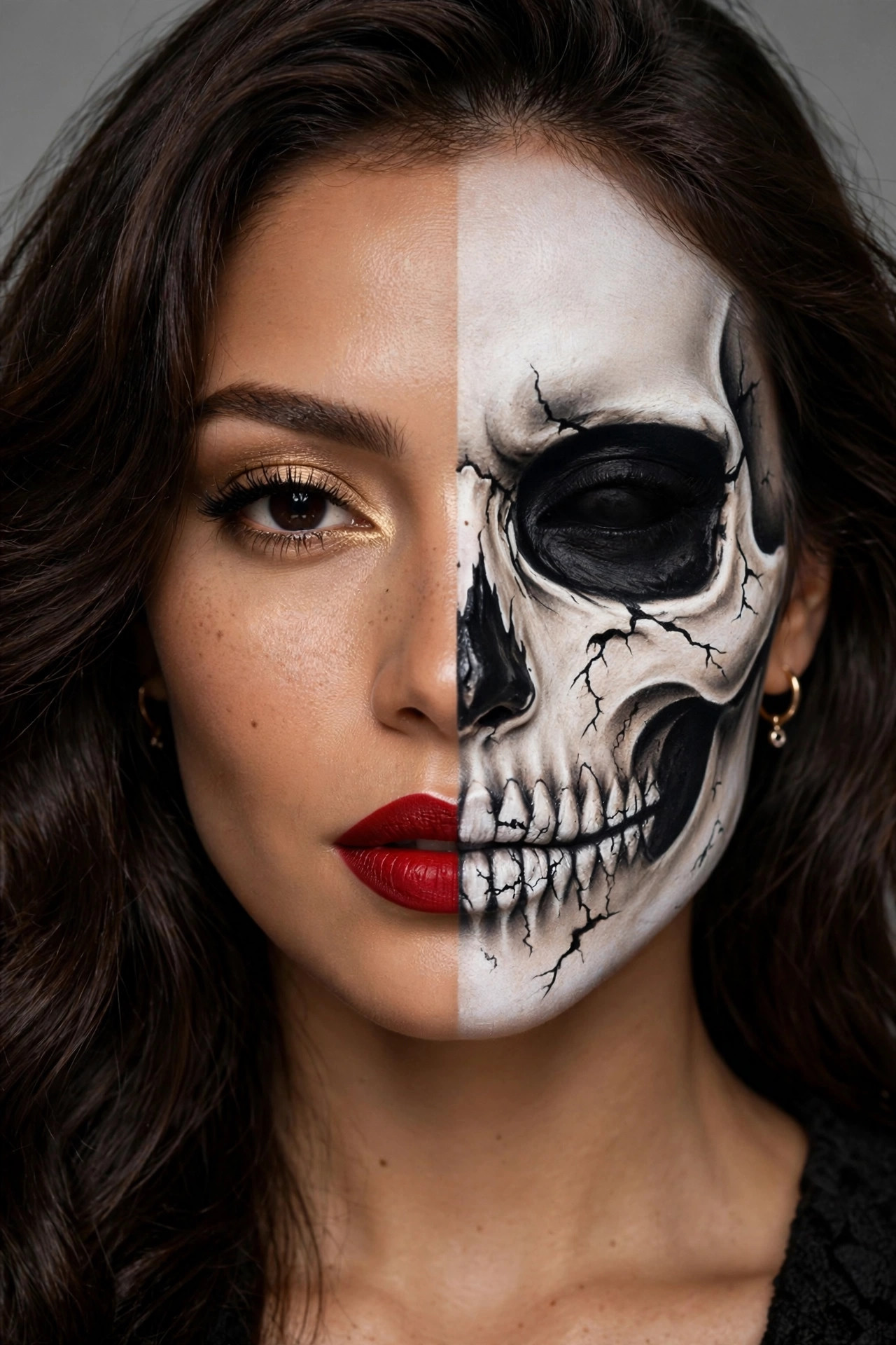 Woman with half-skull half-glam Halloween makeup split down the middle