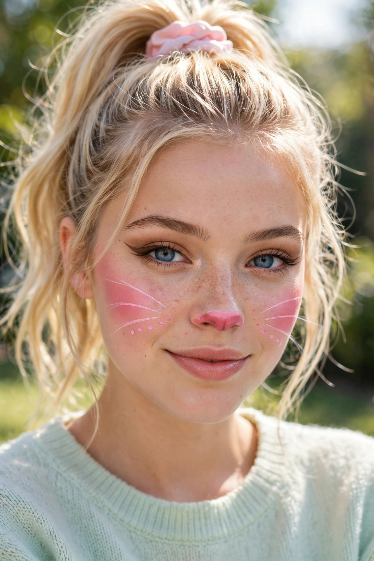 Teen girl with sweet pastel cat Halloween makeup, pink blush and pastel whiskers