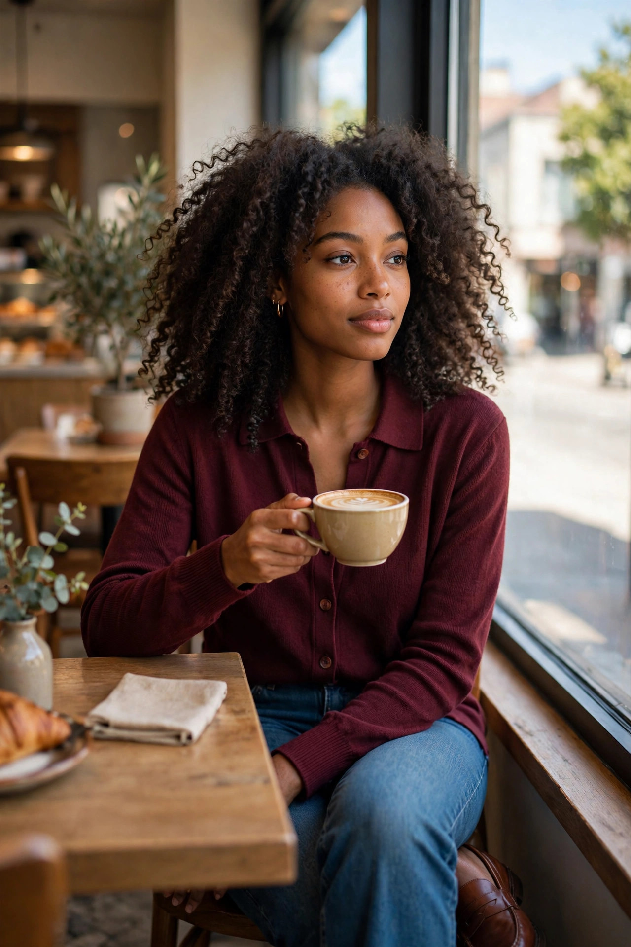 Woman with natural curls wearing a burgundy cardigan buttoned like a shirt with straight jeans, seated in a coffee shop