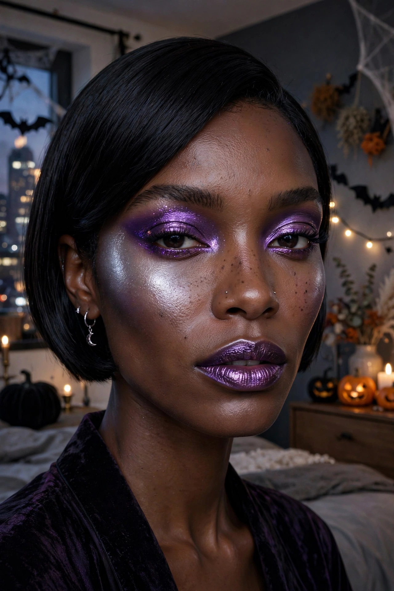 Photorealistic portrait of a woman wearing purple sorceress makeup with metallic lipstick