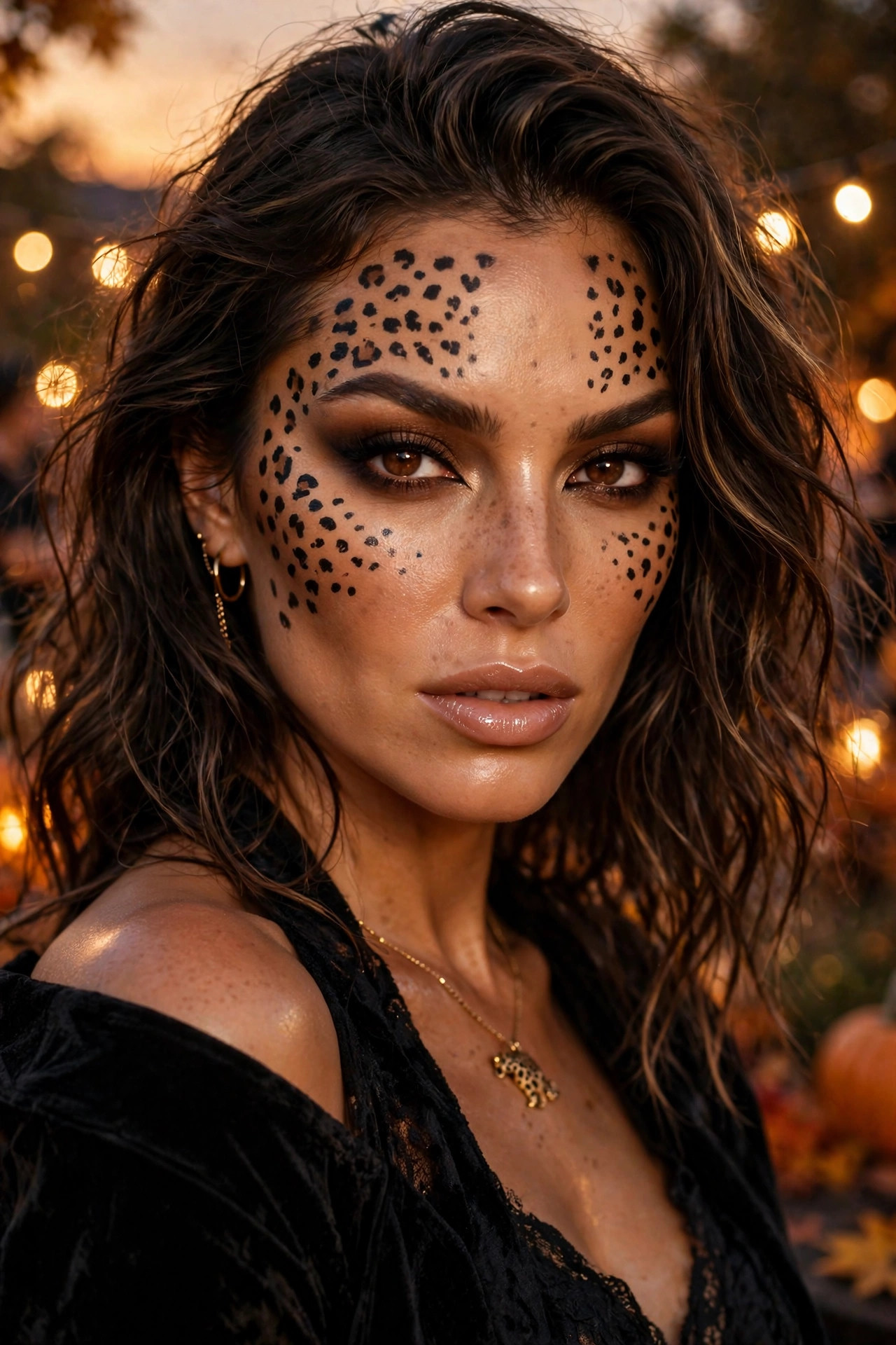 Woman with leopard cat makeup for Halloween party, bronzed skin with leopard spots