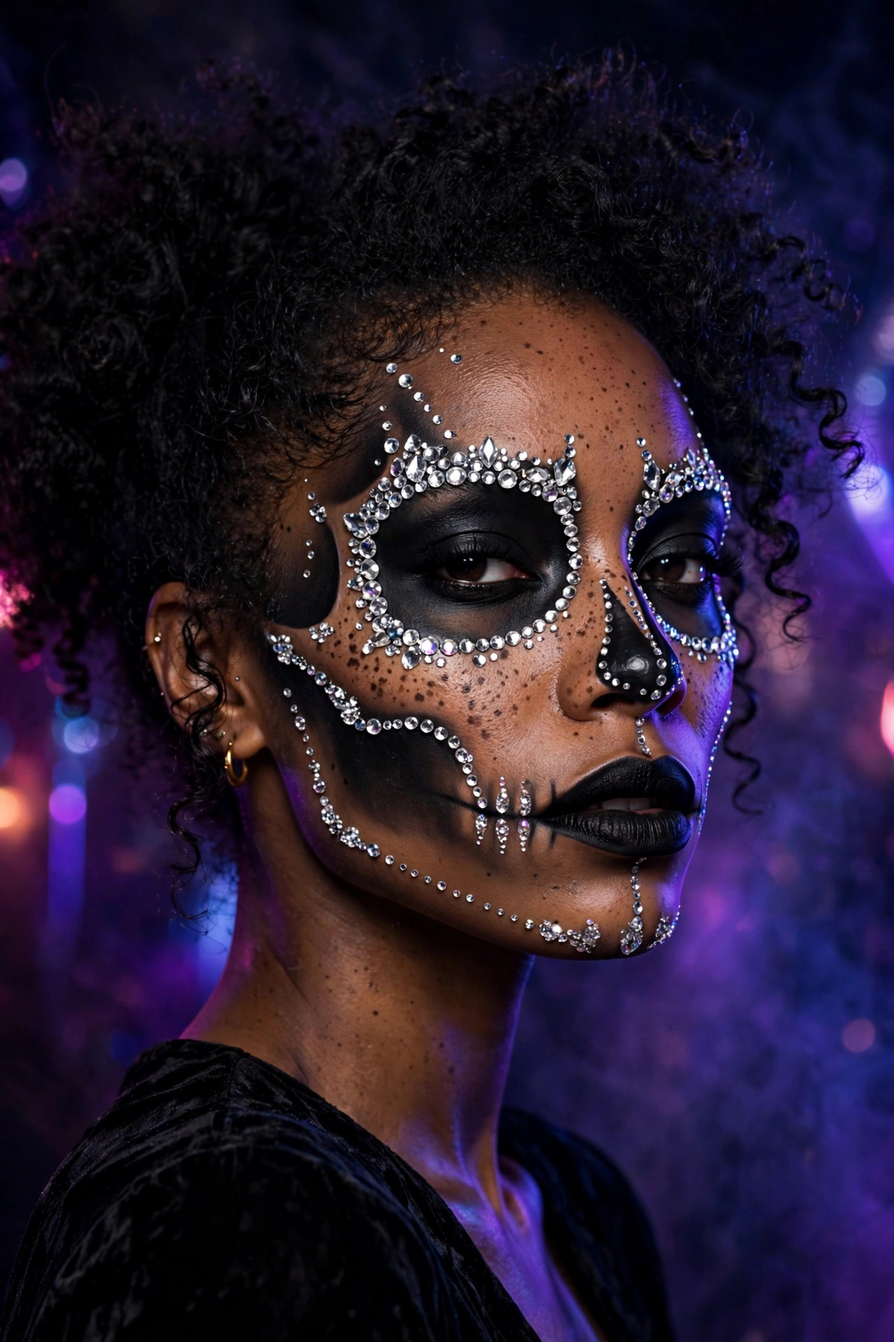 Woman with rhinestone-encrusted glam skull Halloween makeup