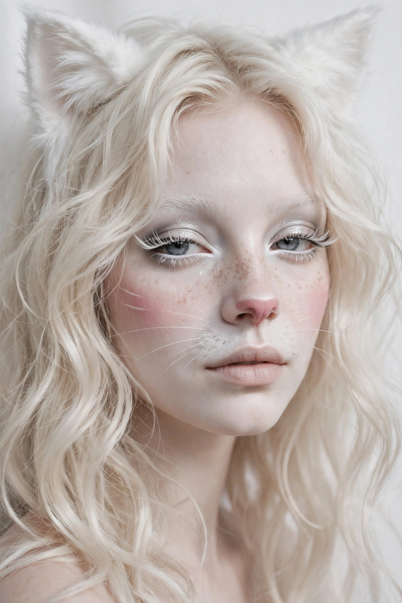 Woman with elegant white cat Halloween makeup, silver eyeliner, and pink nose