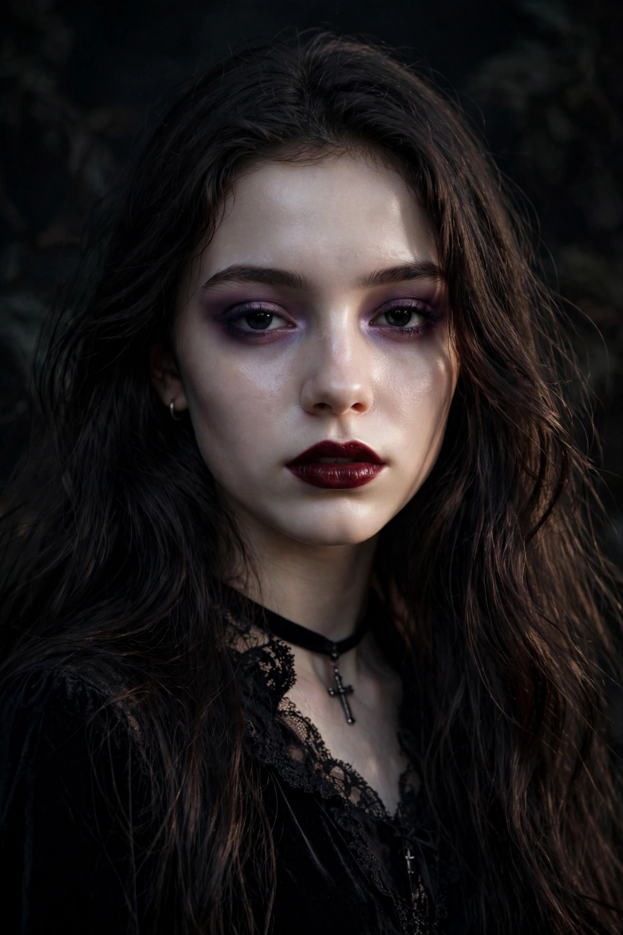 Teen girl with glam vampire Halloween makeup, dark berry lips, and smoky eyes
