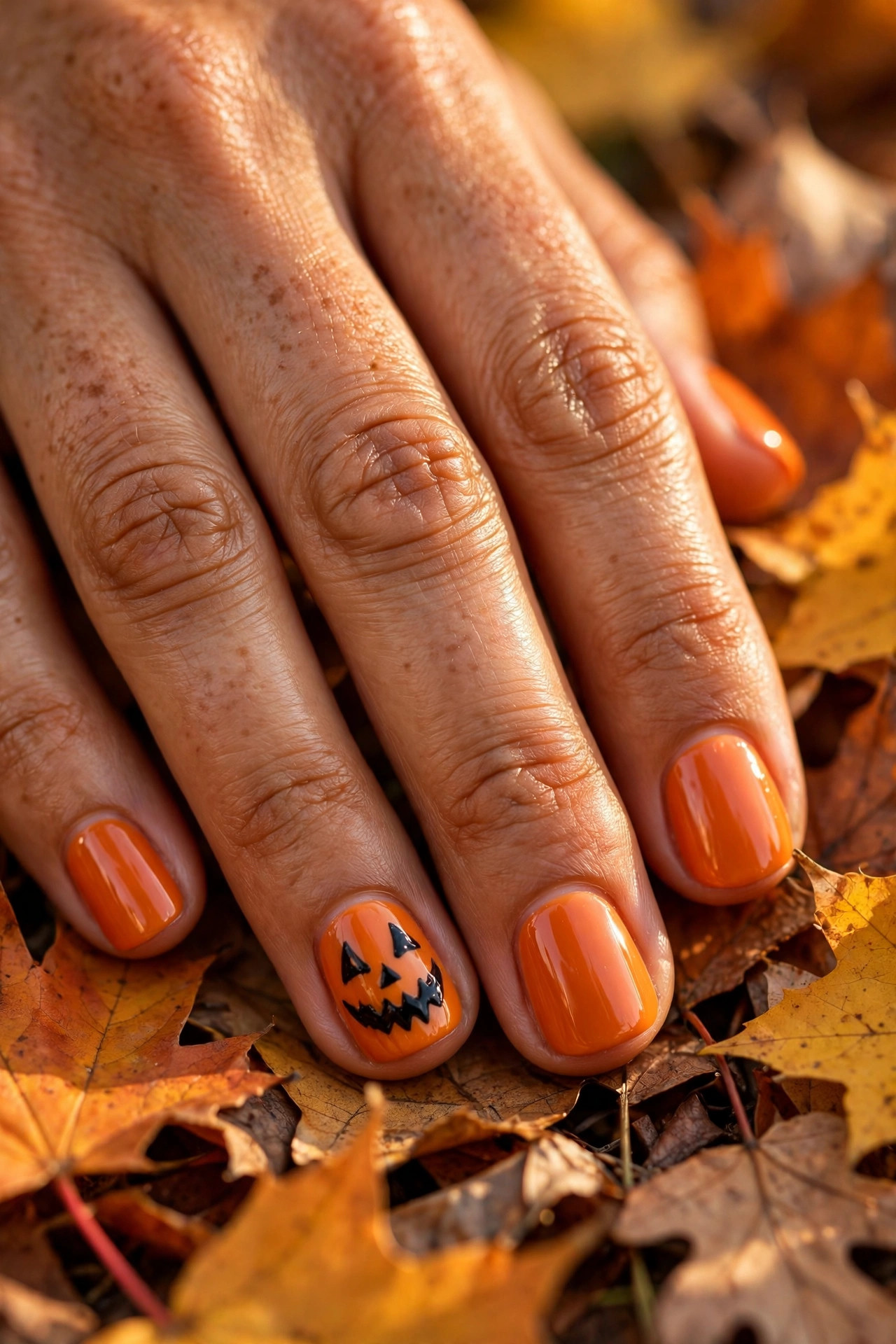 Short nails with orange polish and jack-o-lantern accent nail art