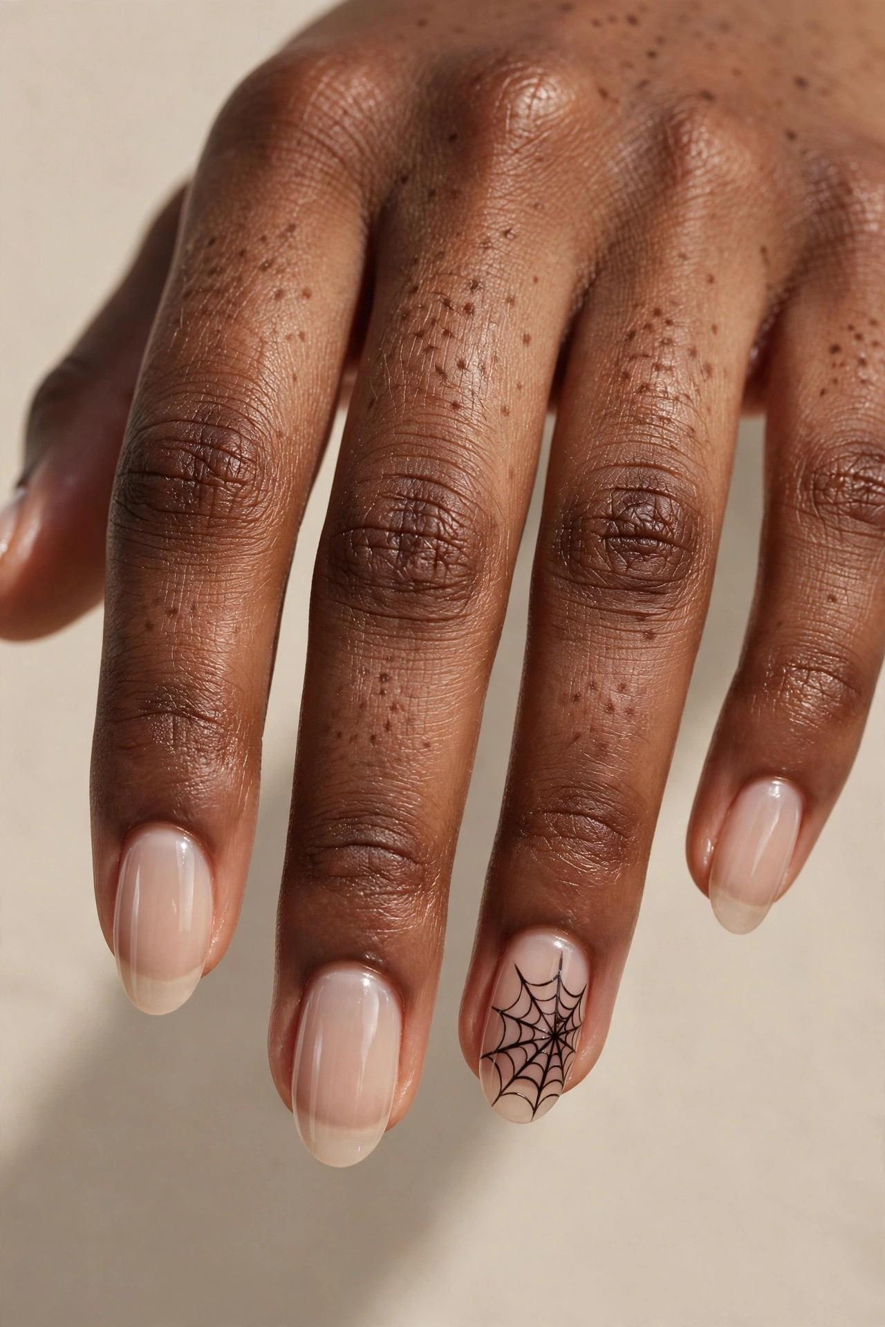 Teen hand with nude nails and black spiderweb accent nail art