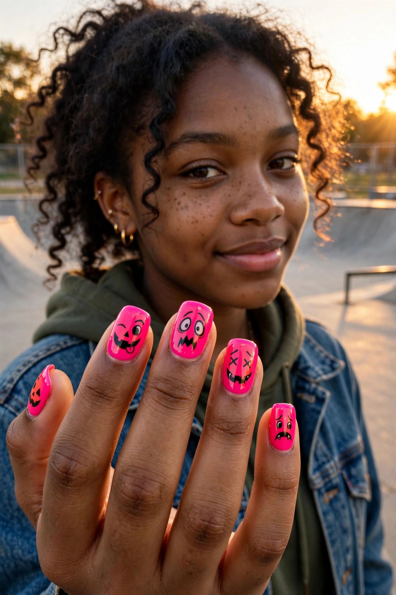 Teen hand with neon pink nails painted with black jack-o'-lantern faces