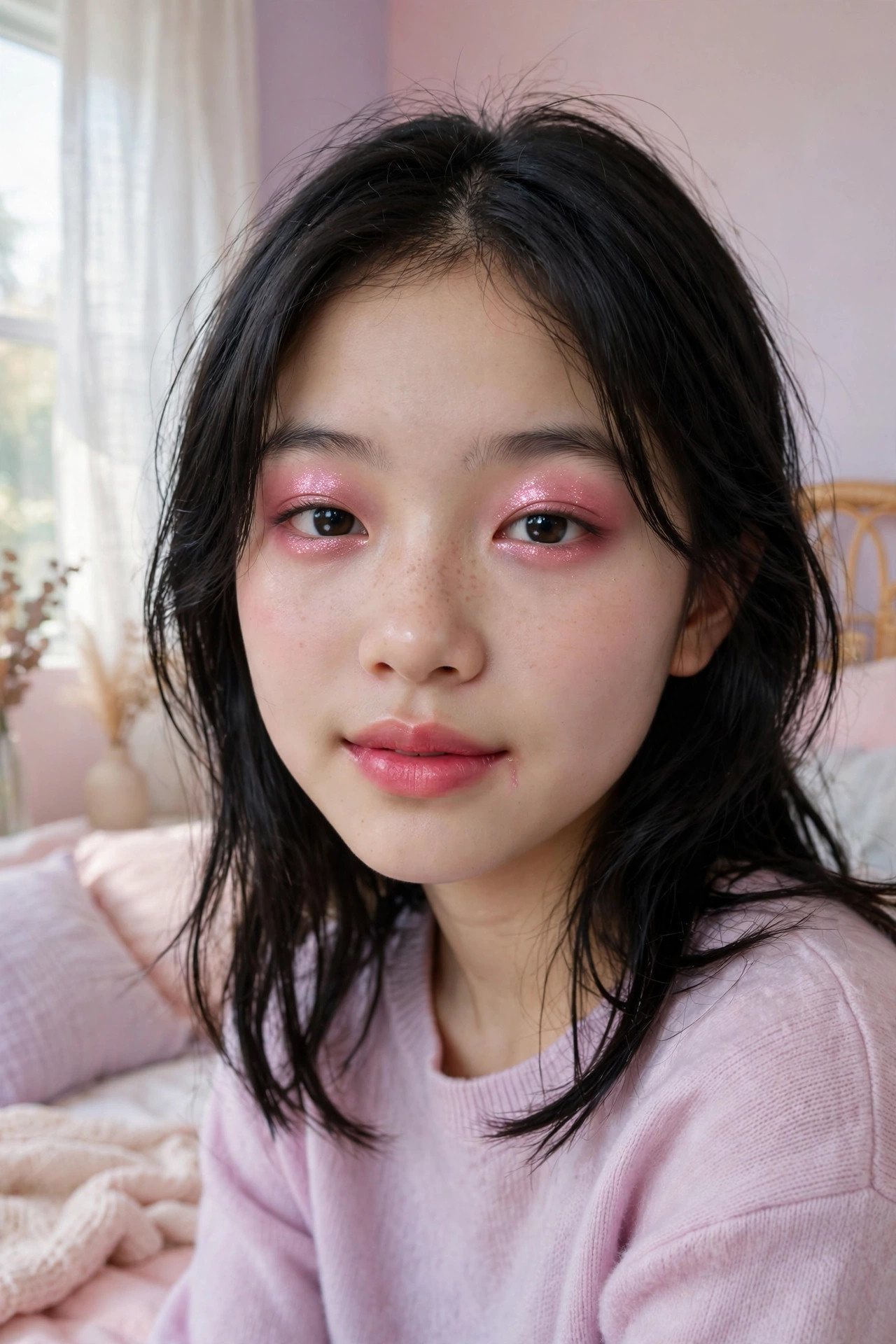 Teen with soft pink vampire makeup, shimmery rosy lids and a pink lip stain