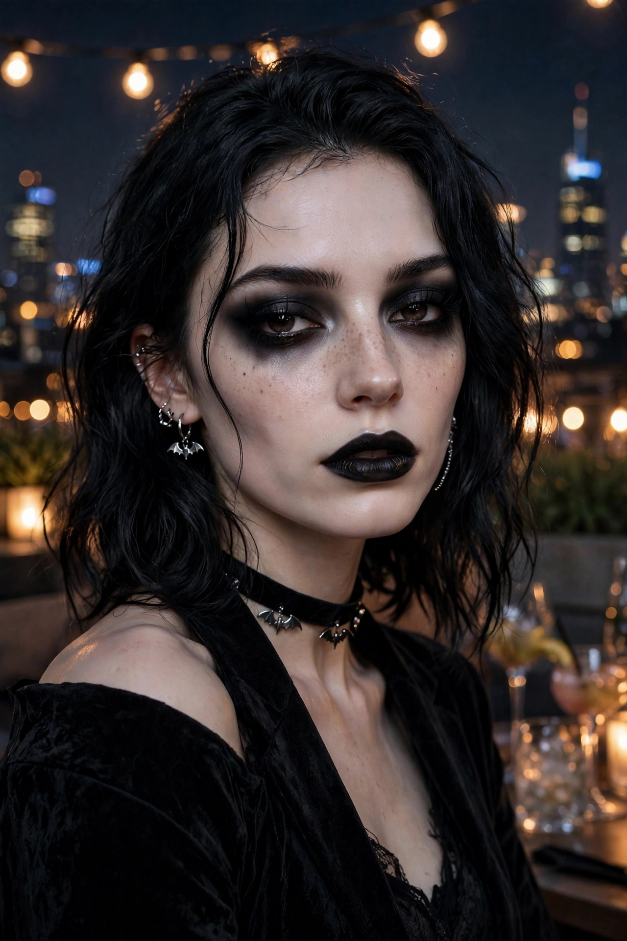 Woman with gothic vampire makeup featuring a near-black matte lip