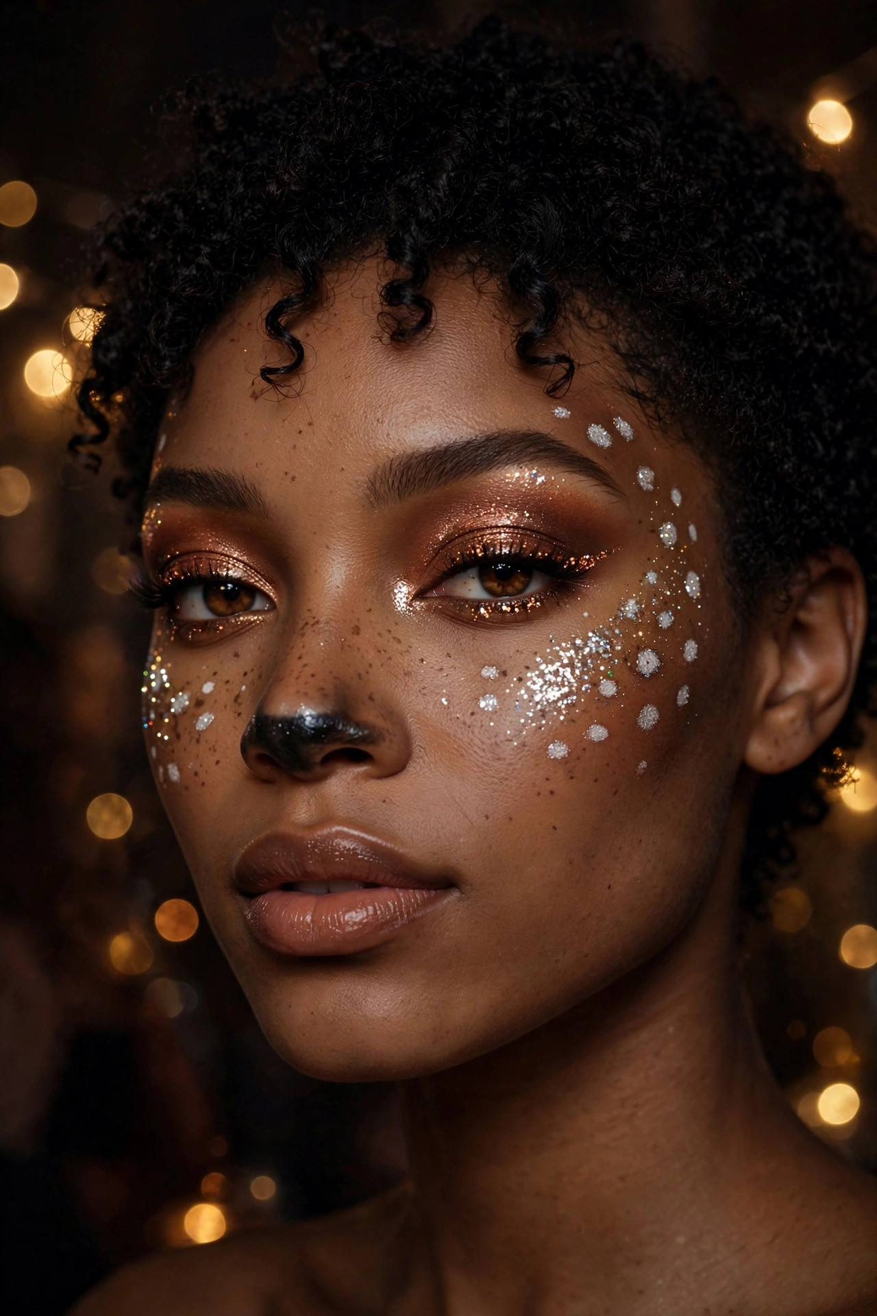 Woman with glitter deer Halloween makeup, sparkling fawn spots and shimmering eyeshadow in party light