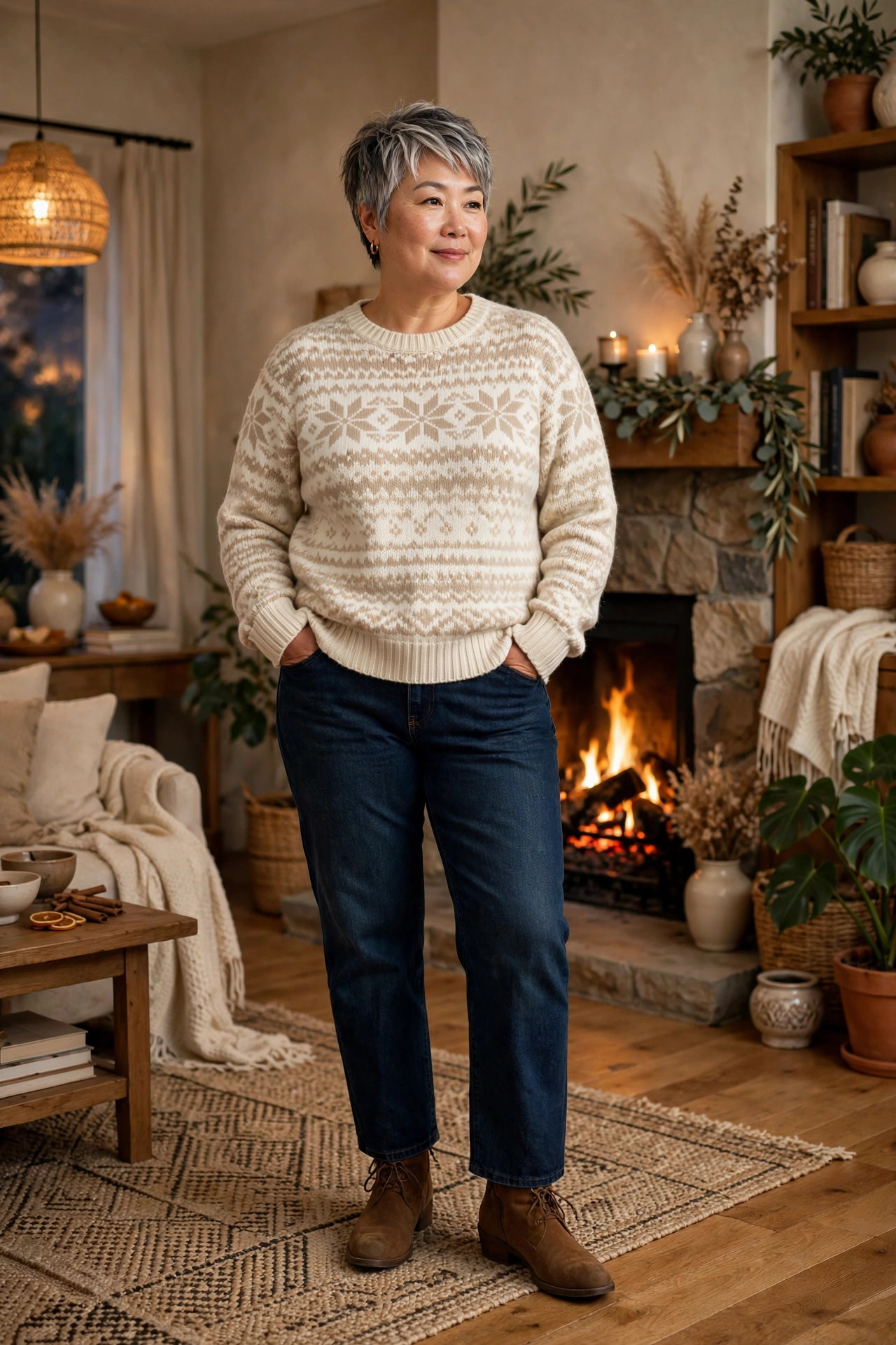 Older plus-size woman in a cream fair isle sweater and dark jeans relaxing by a living room fireplace