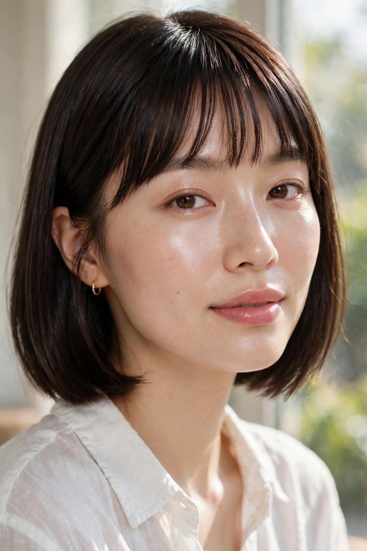Fresh-faced woman with dewy glowing skin, cream blush and a tinted lip in bright morning light