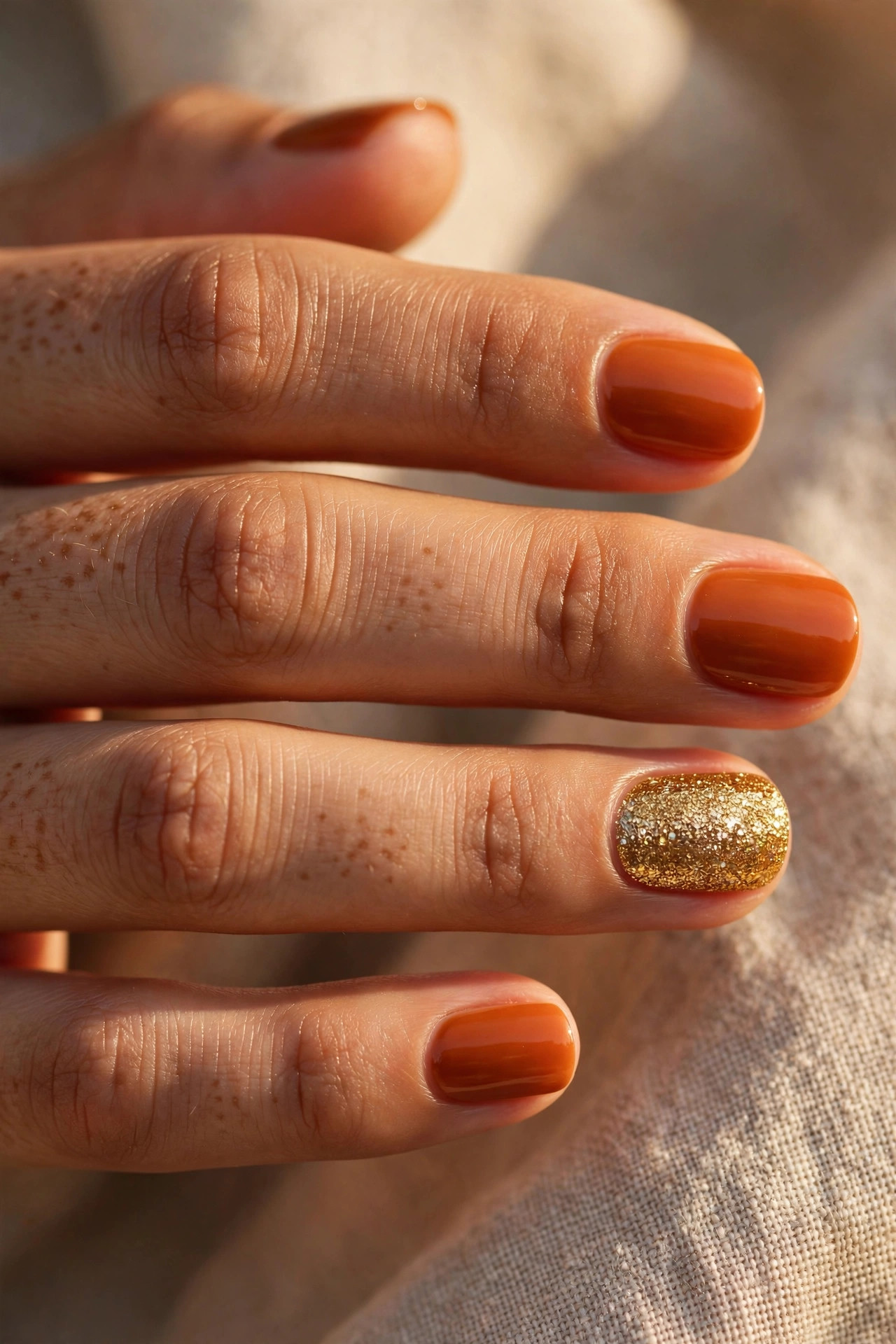 Short burnt orange nails with a gold glitter accent on the ring finger