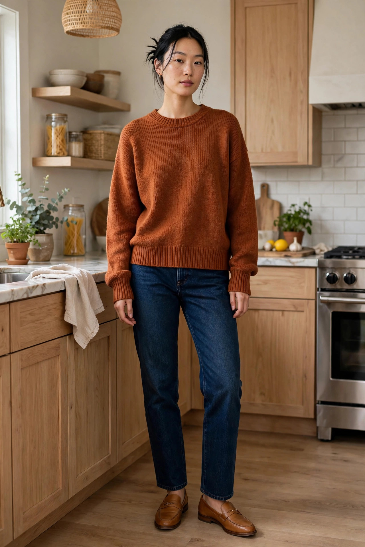 East Asian woman in a rust oversized sweater with straight dark jeans and loafers in a kitchen