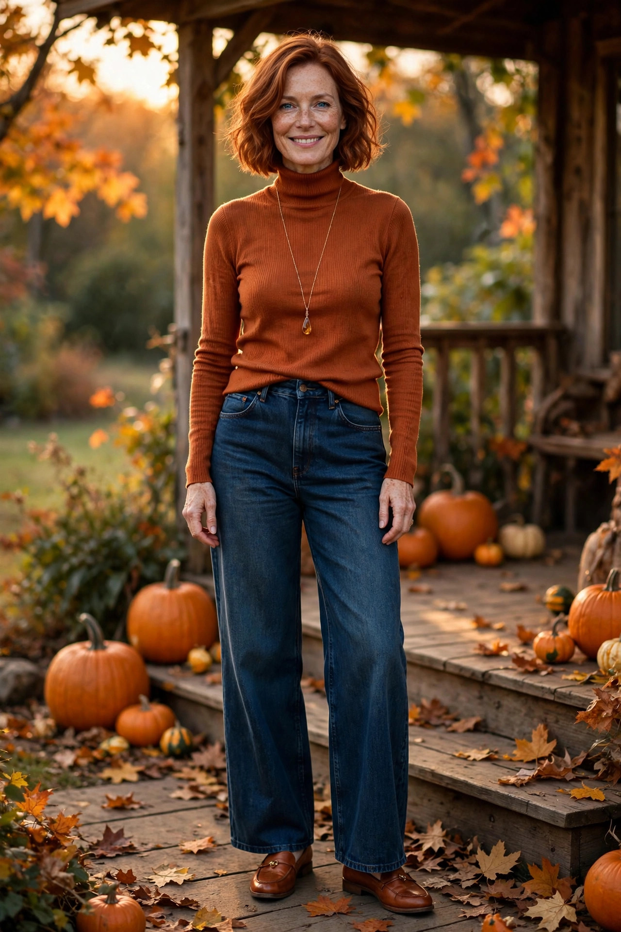 Woman in her late 40s wearing a rust turtleneck with wide-leg dark jeans on a porch