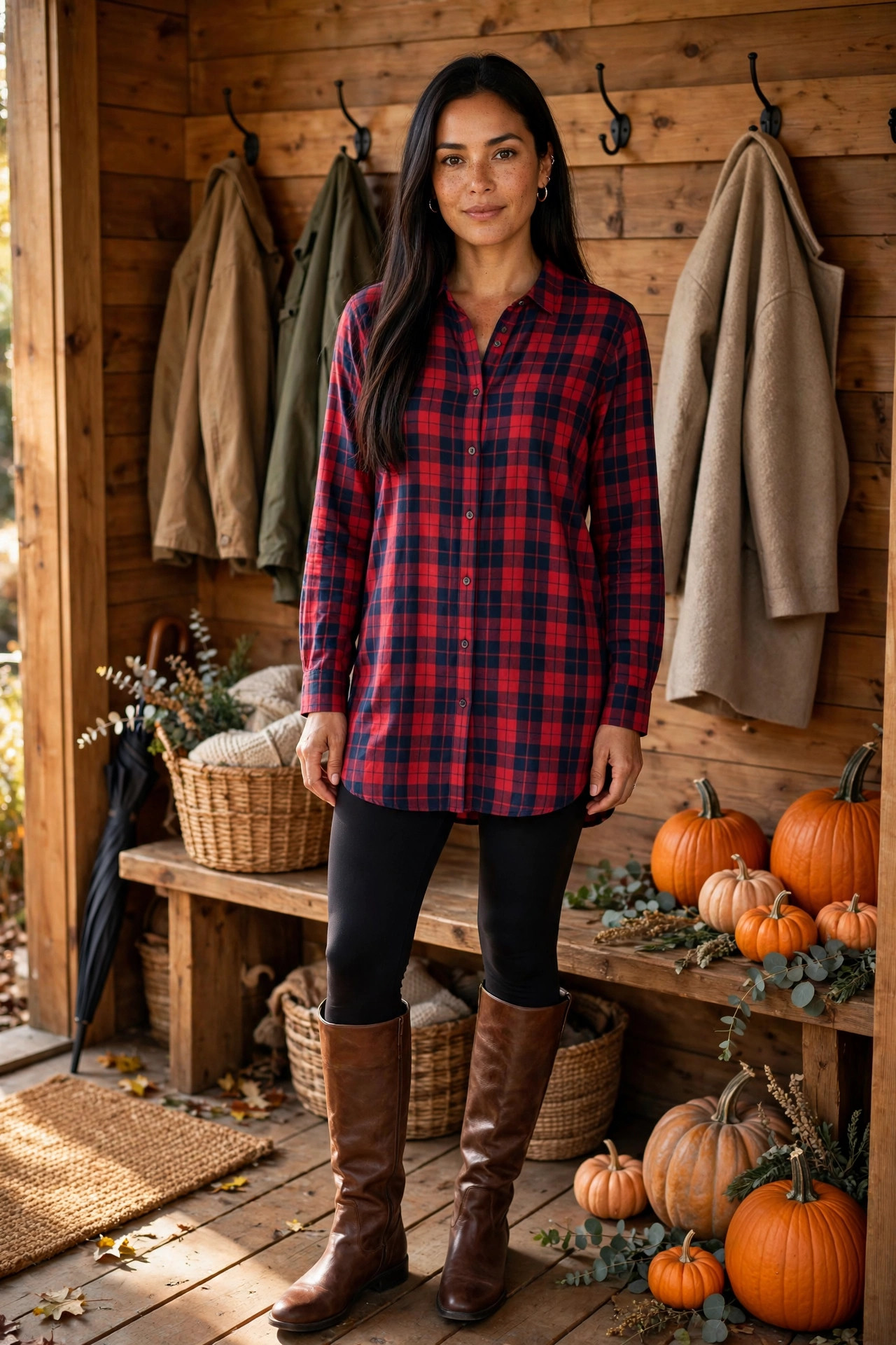 Woman in a plaid tunic shirt with leggings and knee-high boots in a mudroom