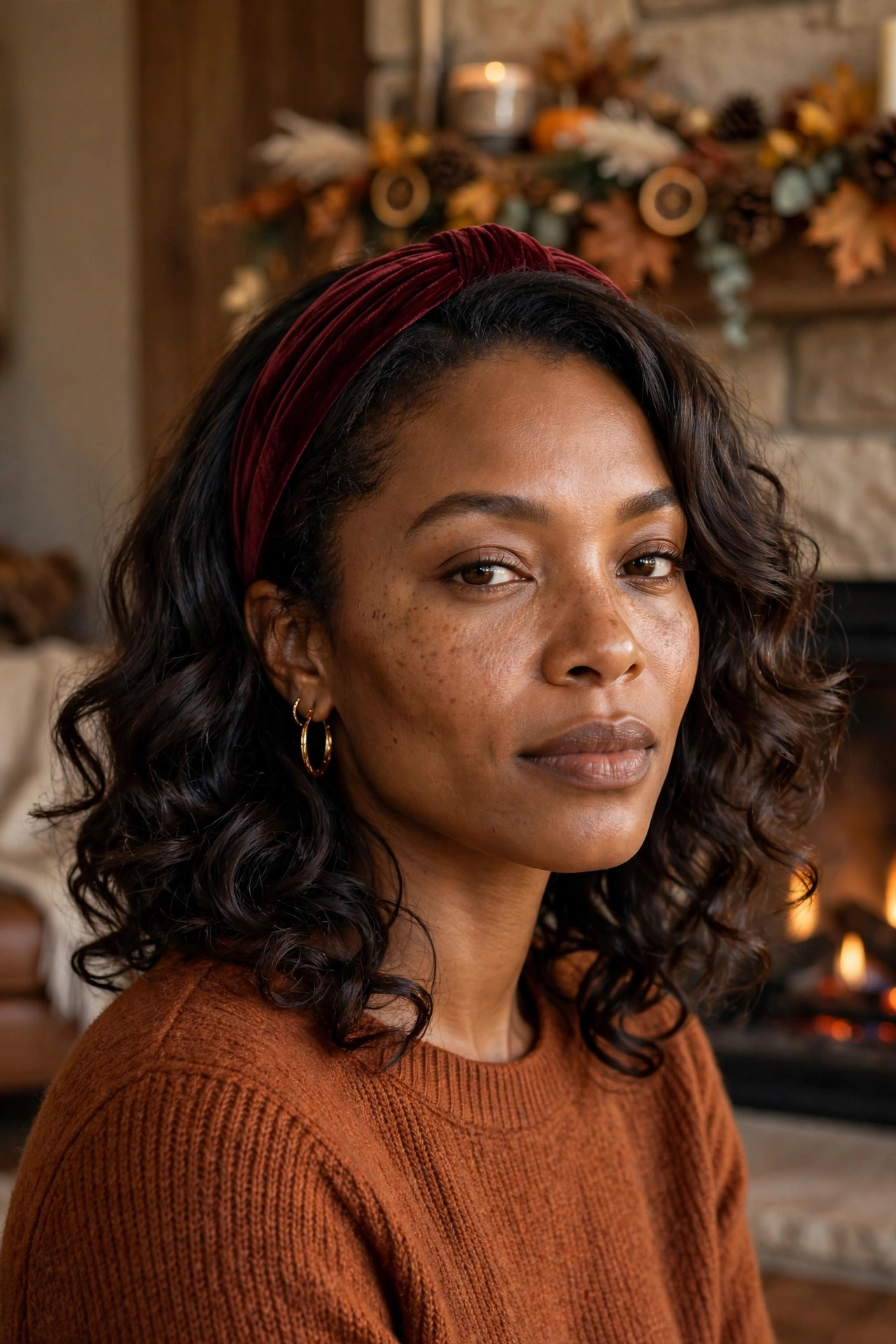Woman with soft curls and a fall-patterned statement headband in a living room