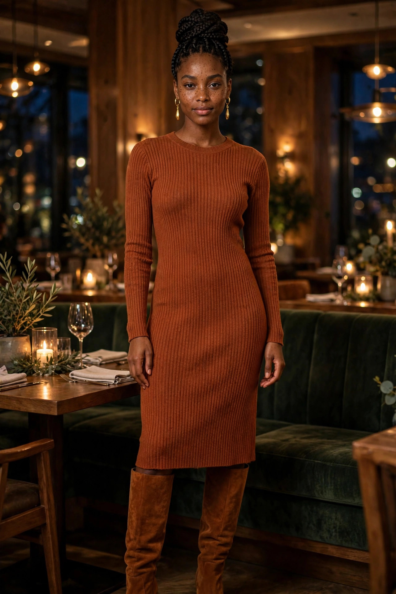 Young woman in a knit midi dress with knee-high boots at a restaurant