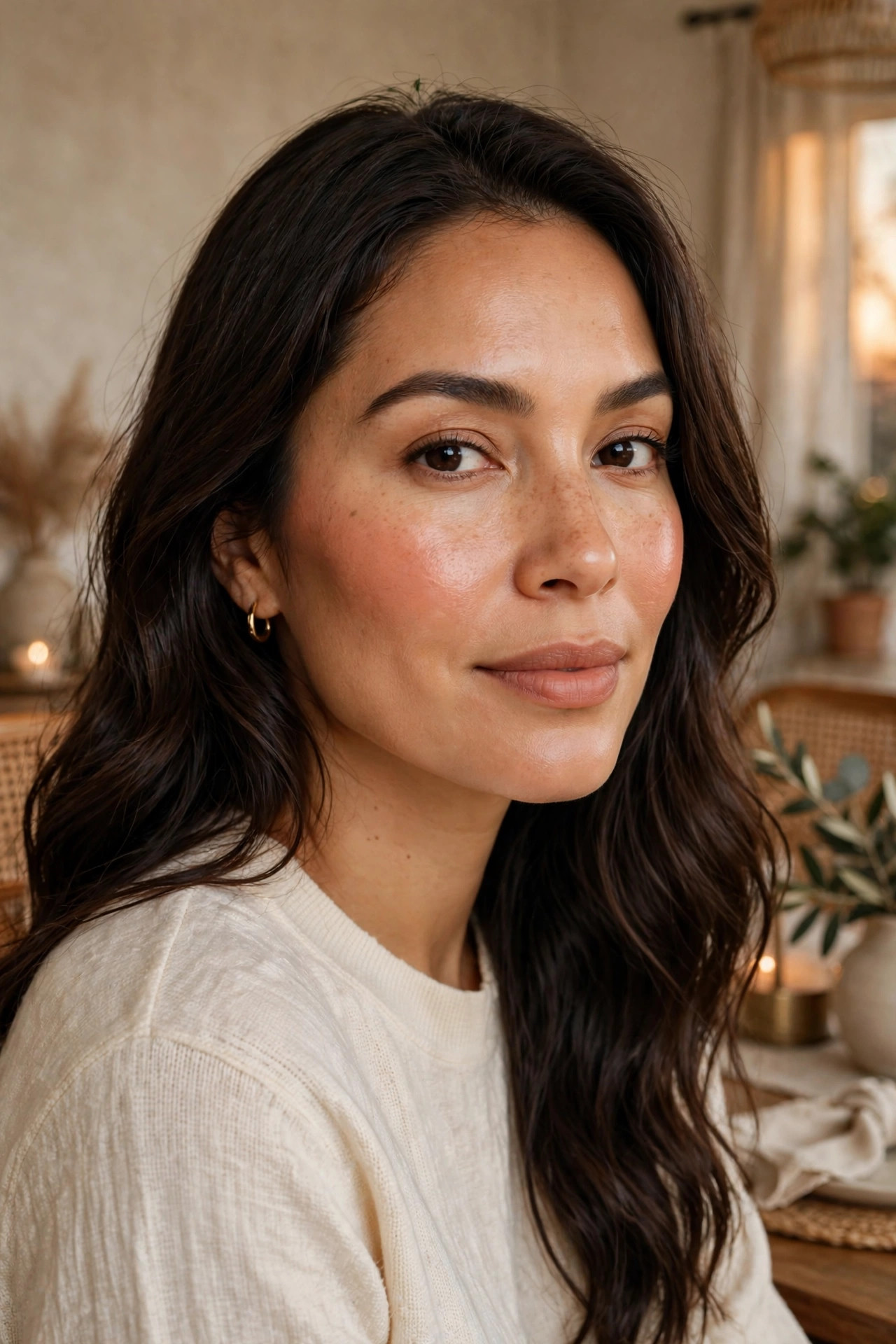 Latina woman with long wavy dark hair wearing terracotta cream blush as the focus of a natural makeup look