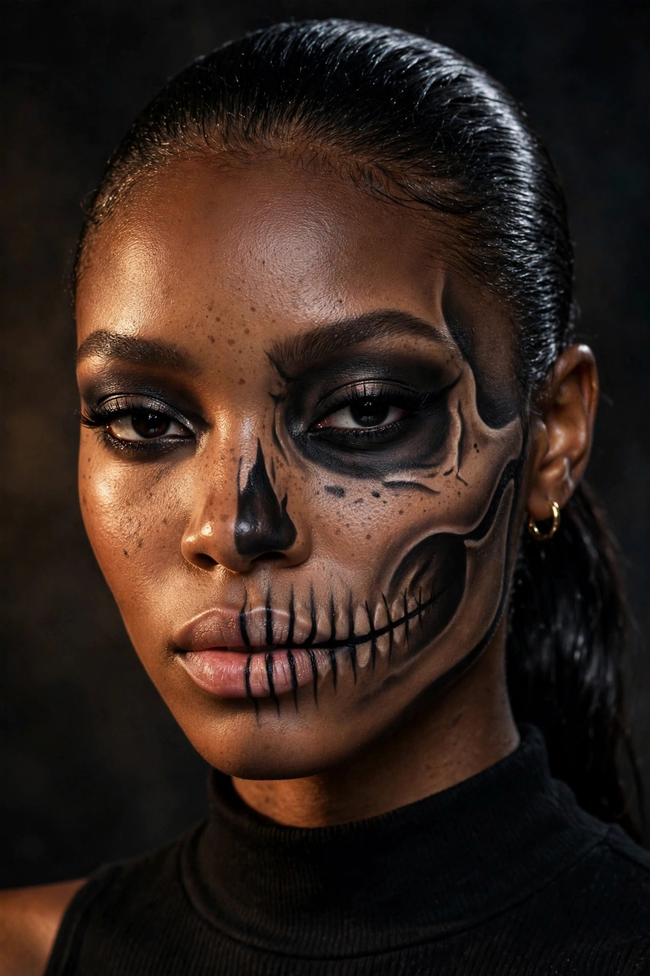 Woman with half-glam skeleton Halloween makeup, smoky black eyes and skeleton teeth lip lines