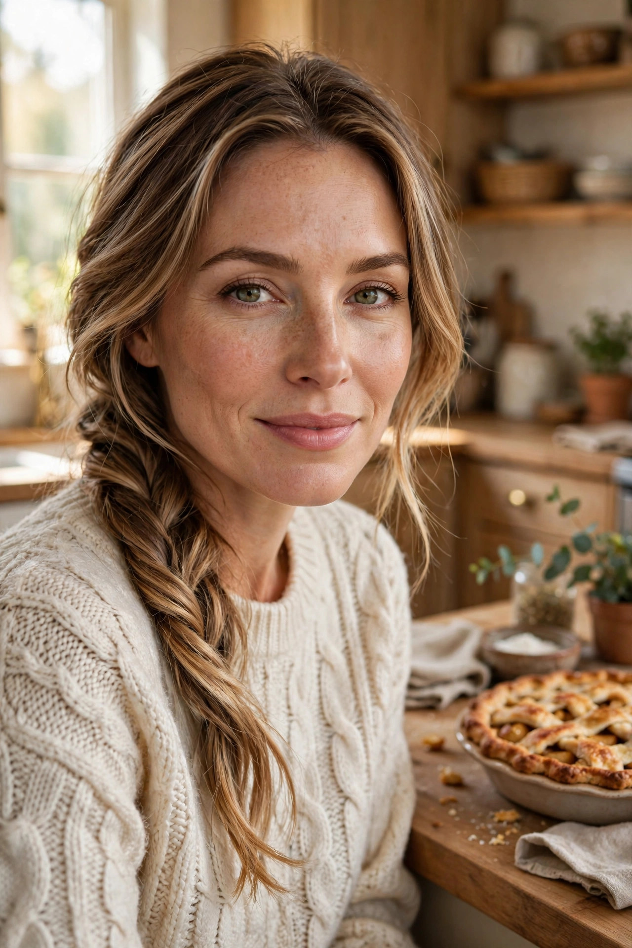 Woman in her mid 30s with light brown balayage hair in a soft side fishtail braid in a kitchen with pie