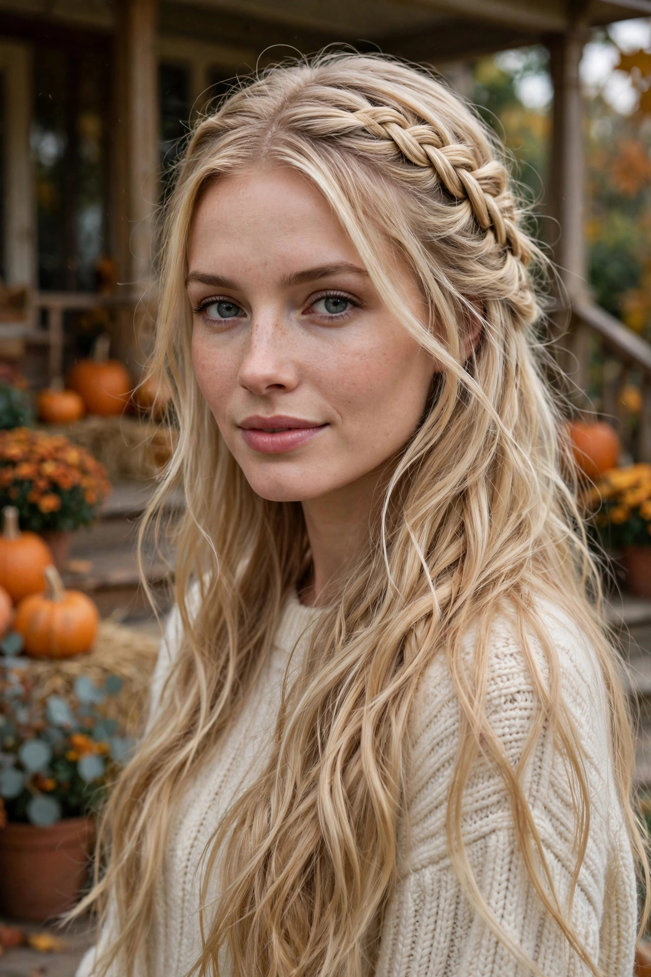 Blonde woman in her late 20s with long hair in a waterfall braid on a porch with pumpkins