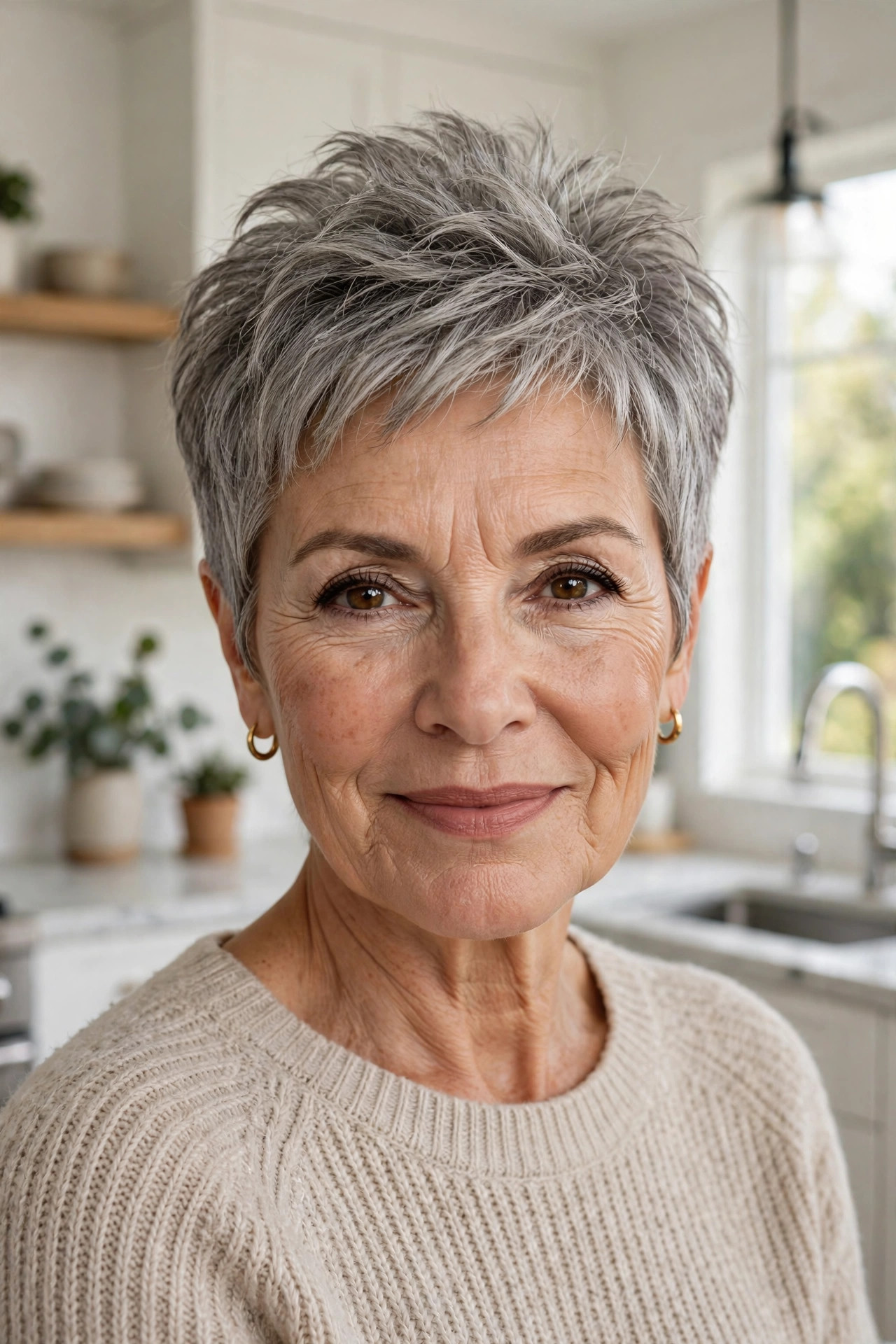 Woman in her late 60s with a textured gray pixie haircut with volume in a bright kitchen