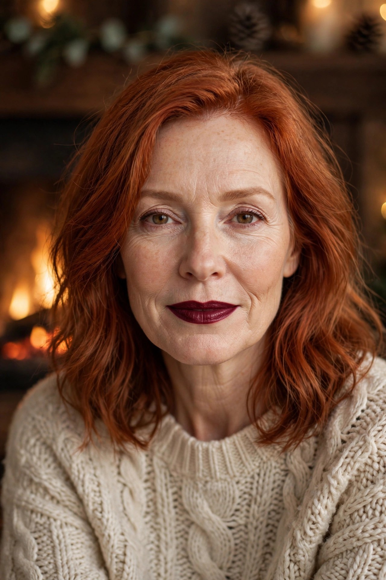 Redheaded woman in her early 50s wearing a velvet wine lipstick in front of a fireplace
