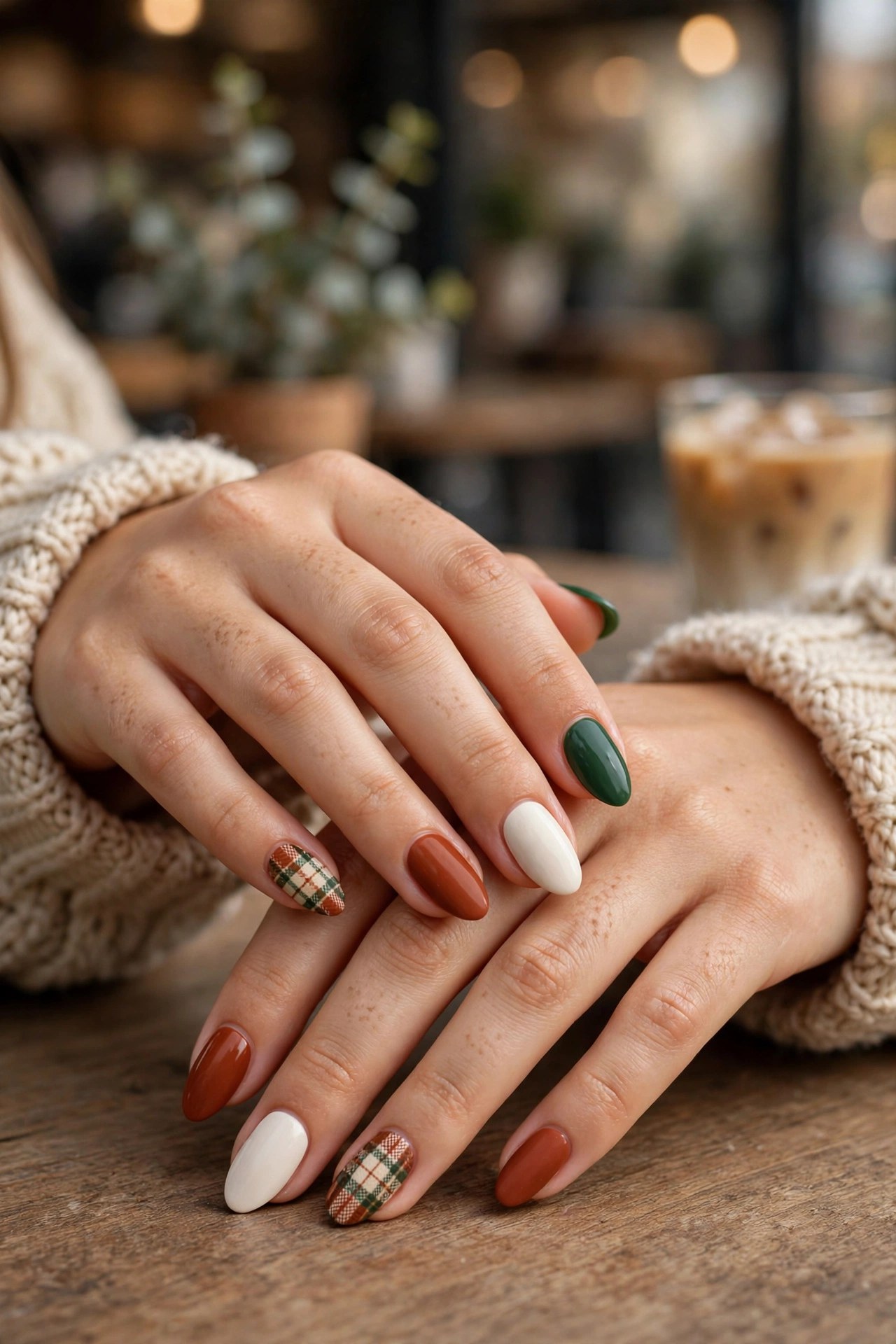 Teen hands with light olive skin and almond nails featuring harvest plaid nail art