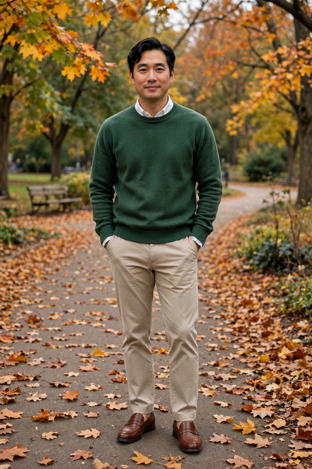 East Asian man in his mid-30s wearing a forest green sweater over a white collared shirt in a park
