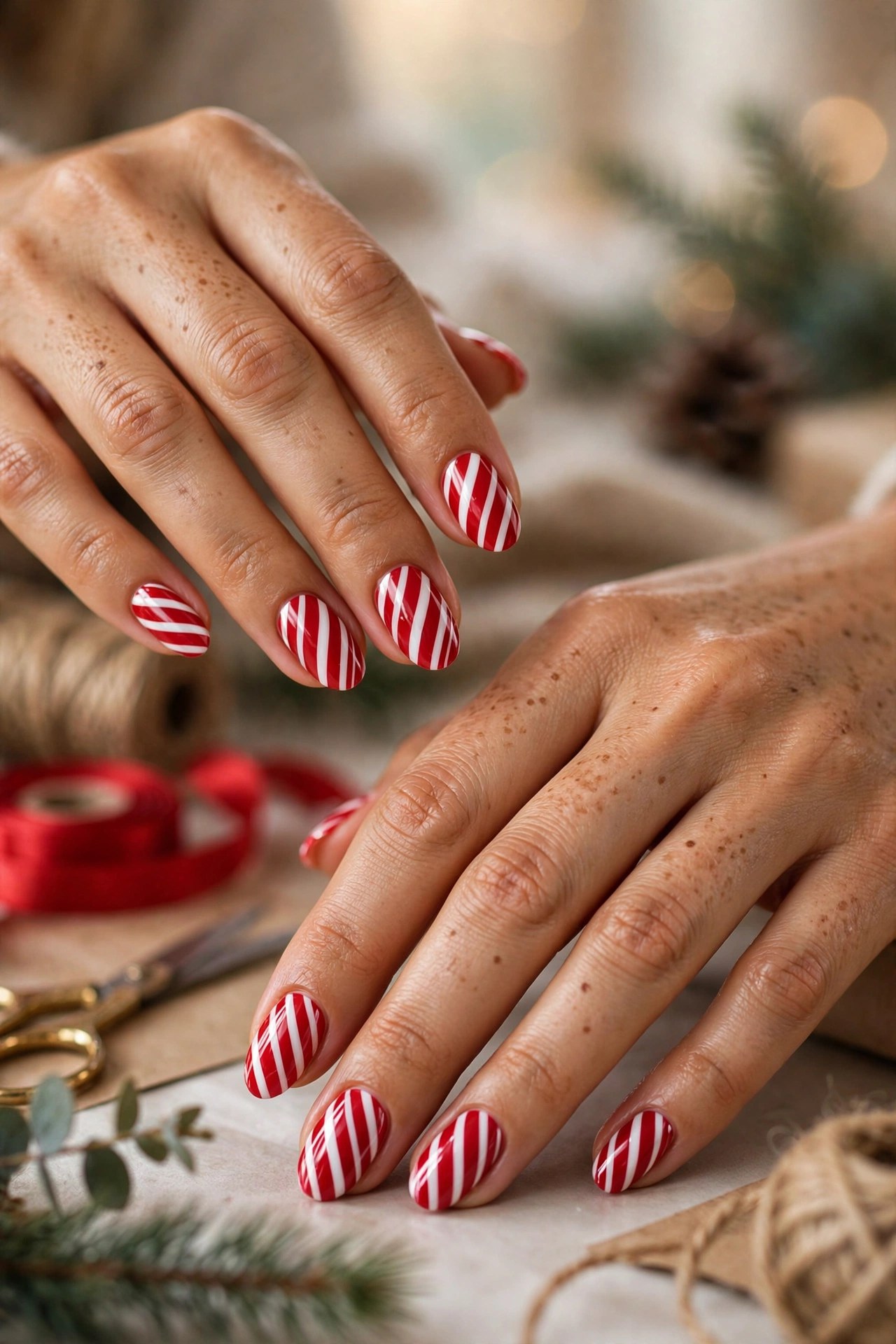 Hands with tan skin and oval nails with red and white candy cane stripe nail art