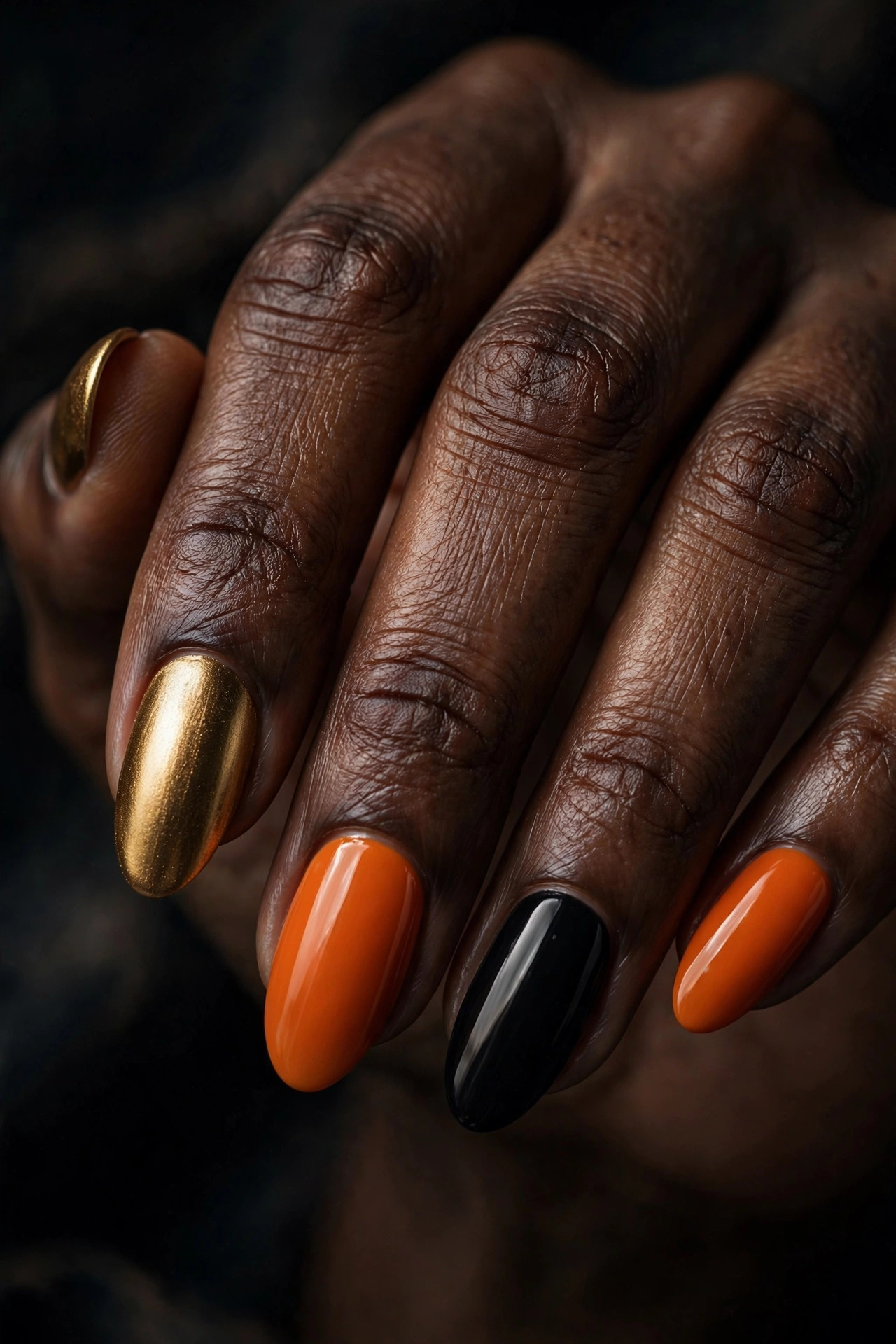 Almond nails with orange and black color block Halloween manicure and gold accent