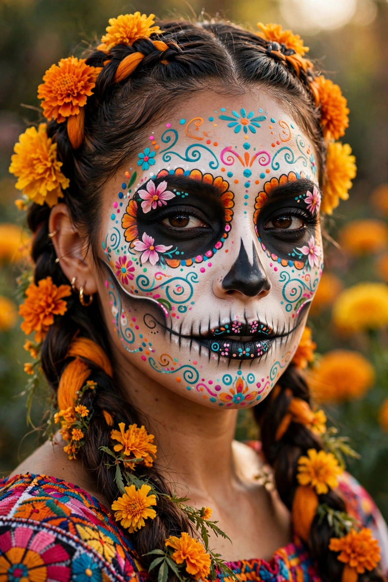 Woman with colorful sugar skull Halloween makeup and marigold flowers