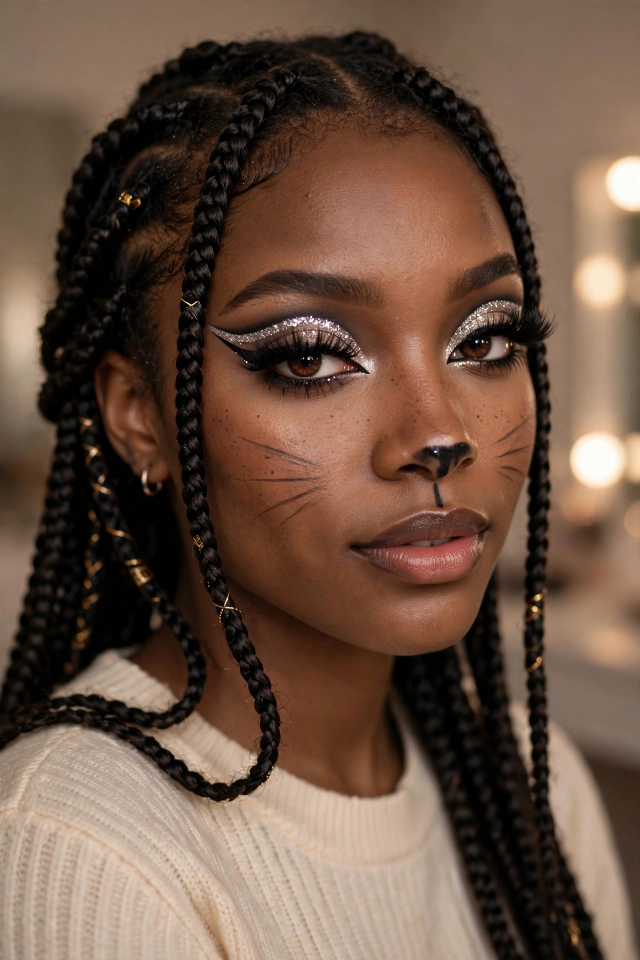 Teen girl with glam cat eye Halloween makeup, glitter winged eyeliner and subtle whiskers