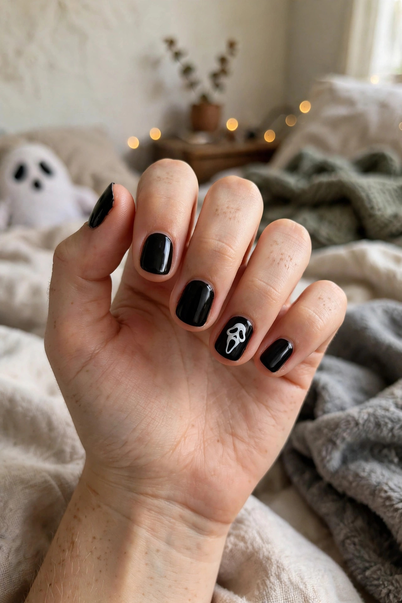 Teen hand with short nails and simplified Ghostface mask nail art