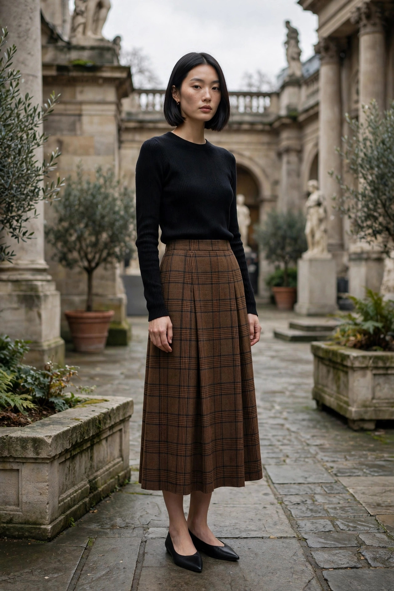 Woman with a sleek bob in a heritage plaid midi skirt and fitted black knit top standing in a museum courtyard